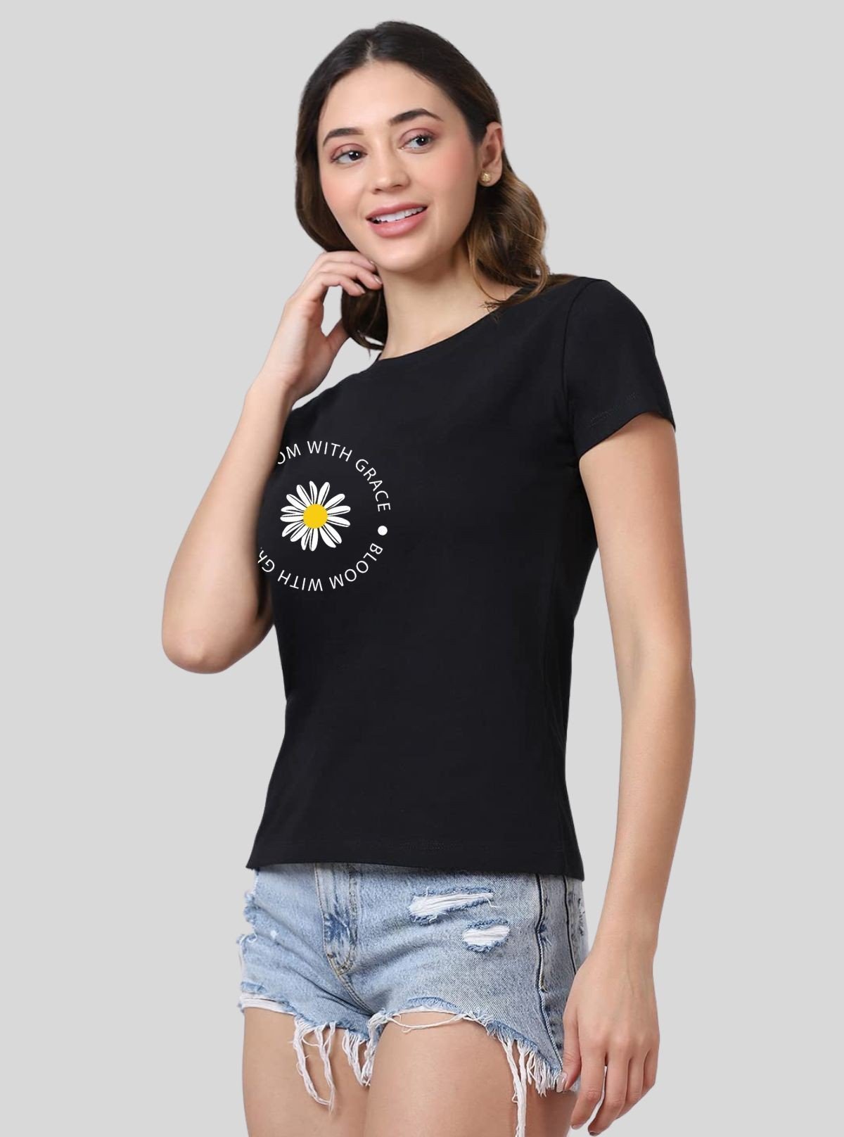 Women's Black Crew Neck "Bloom with Grace" Print Cotton Jersey Short Sleeve T-Shirt by Boer and Fitch - Boer and Fitch