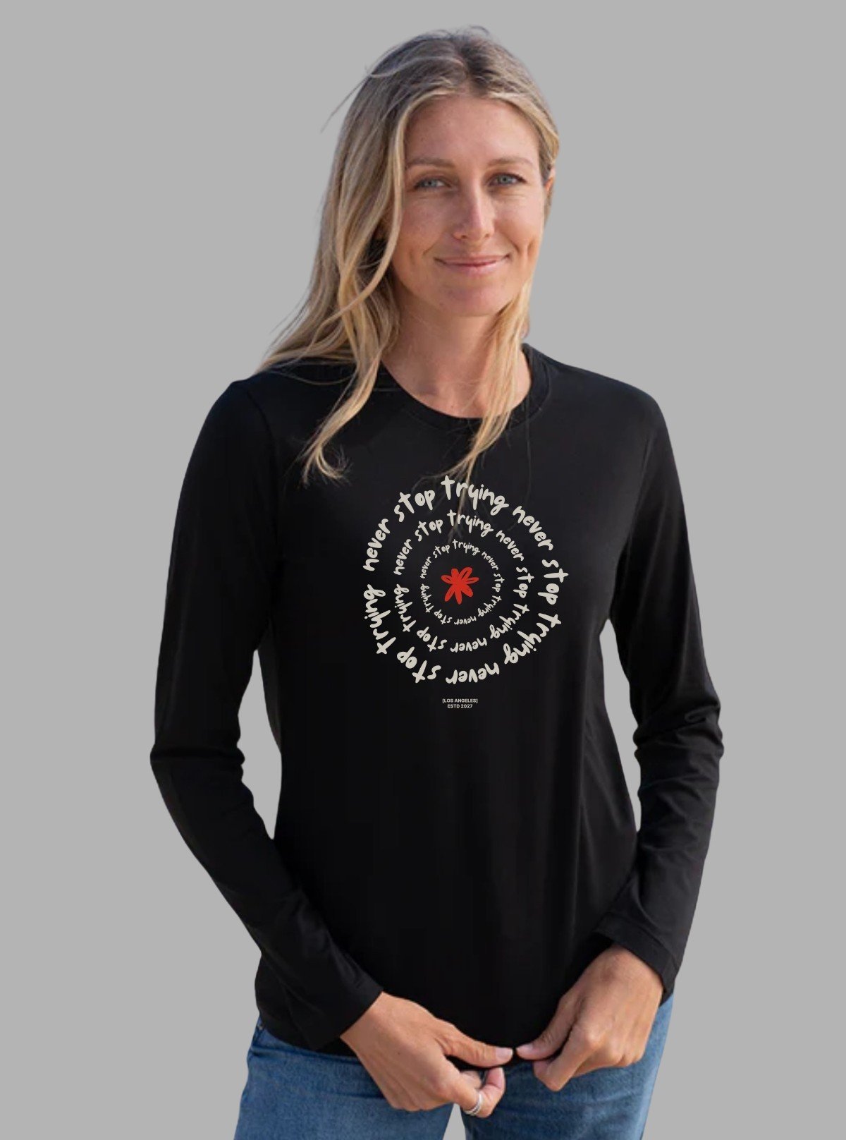 Women's Black Crew Neck Graphic Print Cotton Jersey Long Sleeve T-Shirt by Boer and Fitch - Boer and Fitch