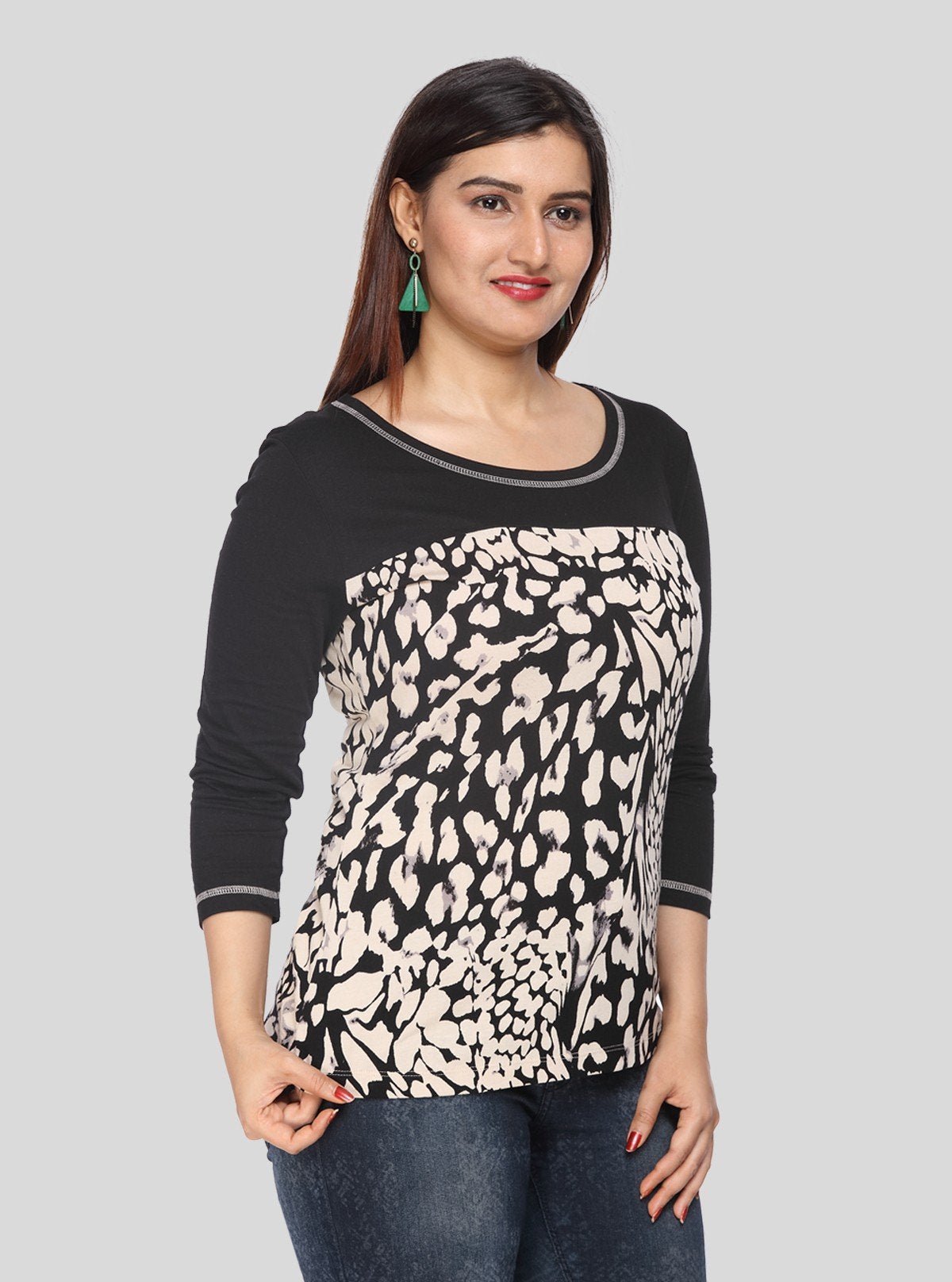 Women's Black Floral Print Cut and Sew Top in Cotton Jersey Fabric - Boer and Fitch