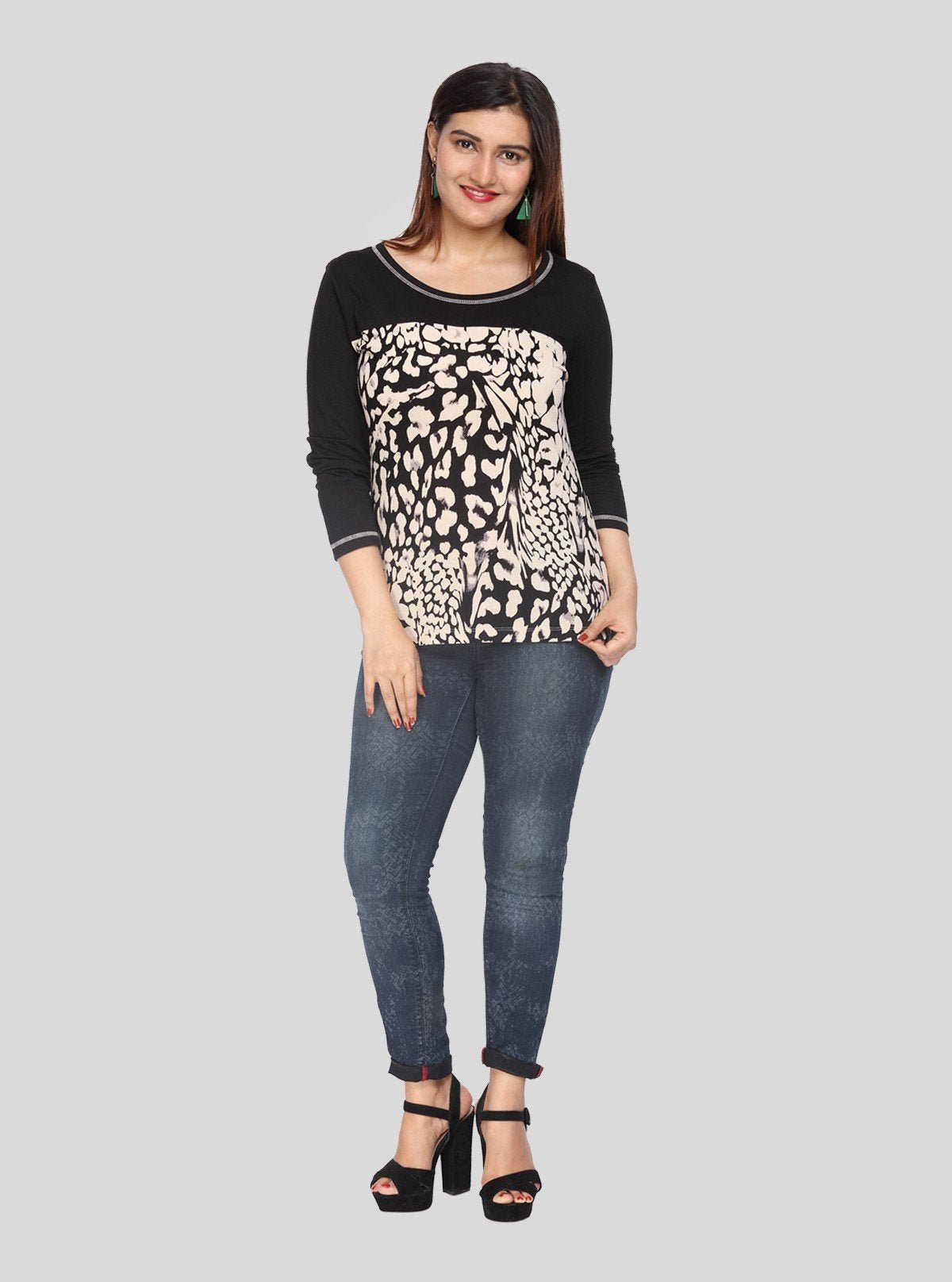 Women's Black Floral Print Cut and Sew Top in Cotton Jersey Fabric - Boer and Fitch