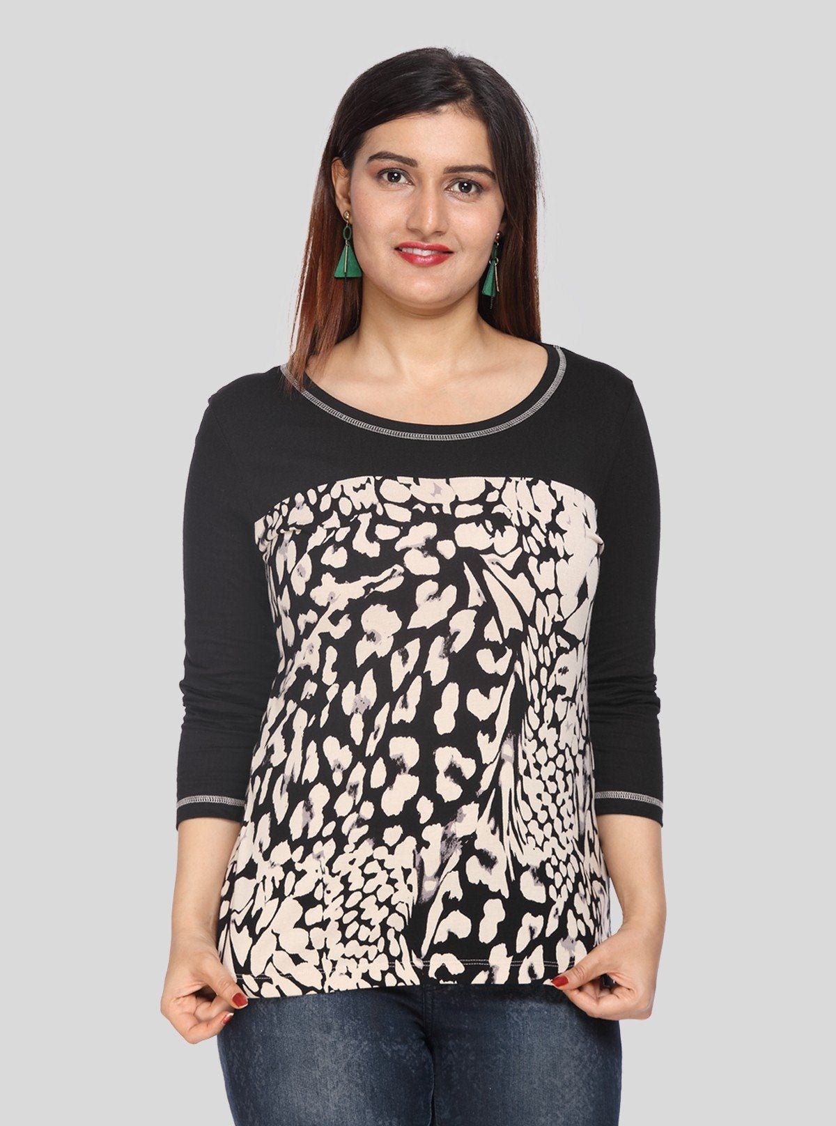 Women's Black Floral Print Cut and Sew Top in Cotton Jersey Fabric - Boer and Fitch