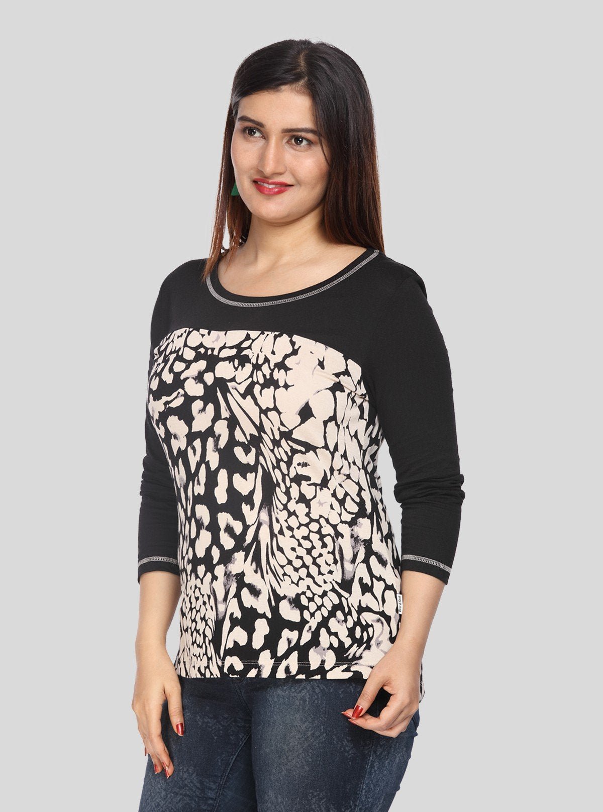 Women's Black Floral Print Cut and Sew Top in Cotton Jersey Fabric - Boer and Fitch