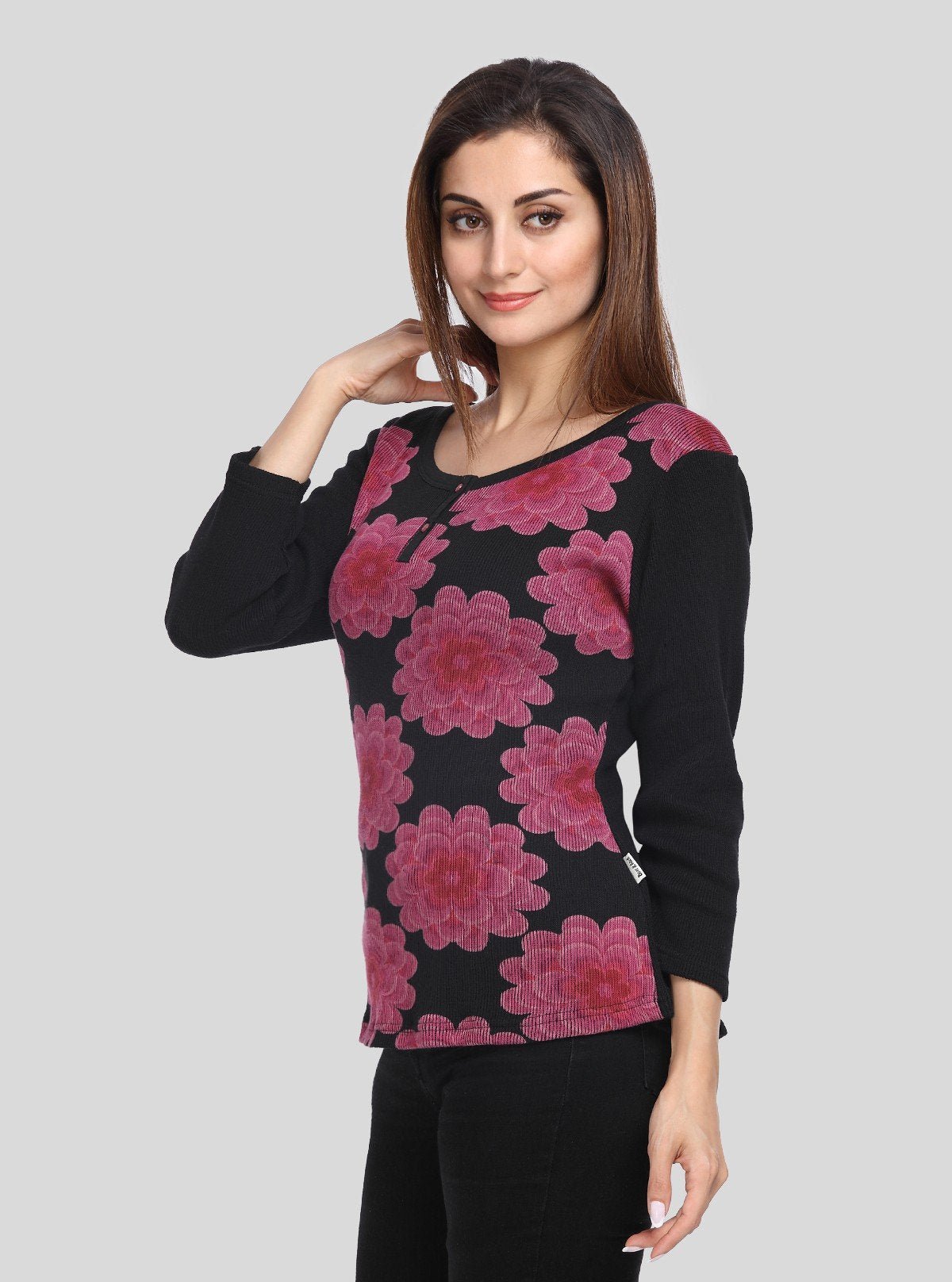 Women’s Black Floral Print Ribbed Sweat Top with Boat Neck – Boer & Fitch - Boer and Fitch