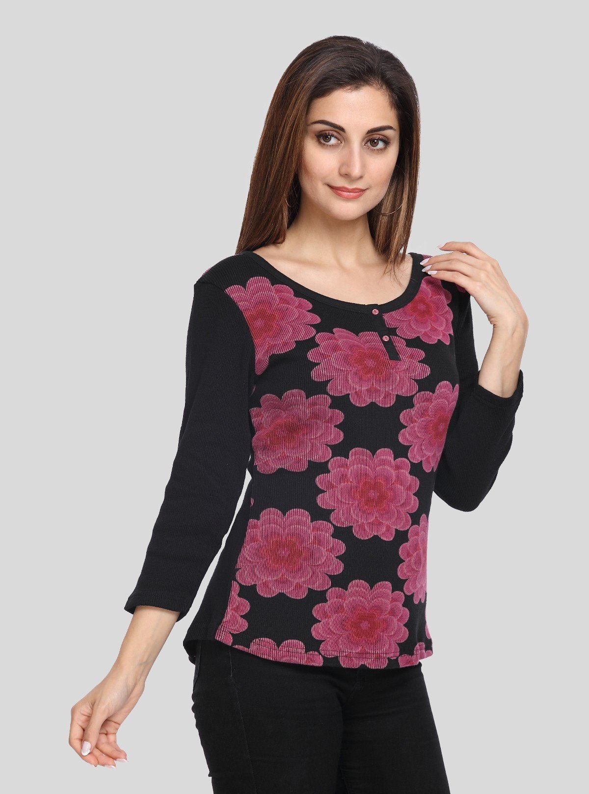 Women’s Black Floral Print Ribbed Sweat Top with Boat Neck – Boer & Fitch - Boer and Fitch