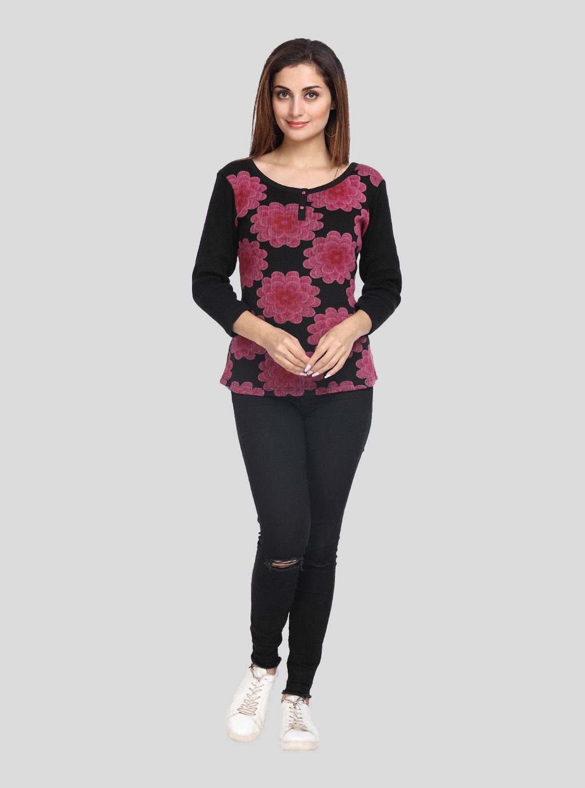 Women’s Black Floral Print Ribbed Sweat Top with Boat Neck – Boer & Fitch - Boer and Fitch
