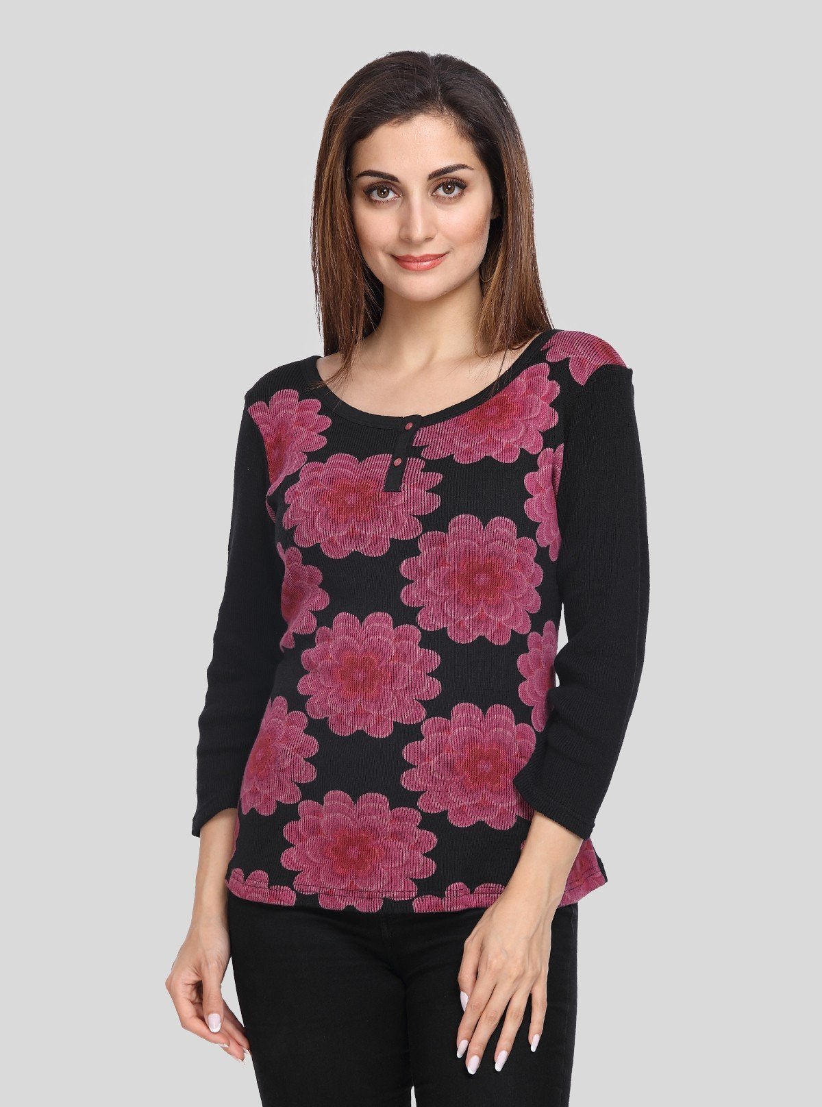Women’s Black Floral Print Ribbed Sweat Top with Boat Neck – Boer & Fitch - Boer and Fitch
