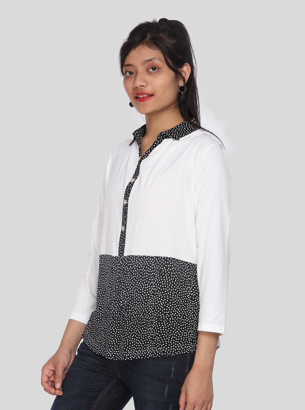 Women's Black Polka Dot Collared Neck Top with Long Sleeves – Cotton Jersey | Boer & Fitch - Boer and Fitch
