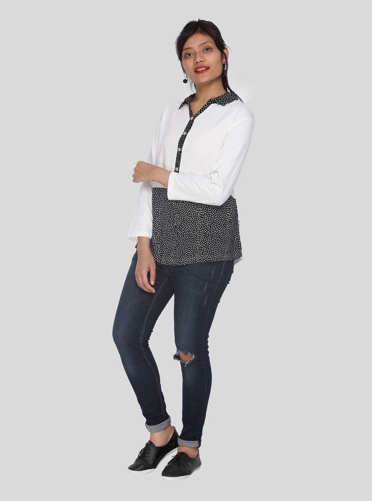 Women's Black Polka Dot Collared Neck Top with Long Sleeves – Cotton Jersey | Boer & Fitch - Boer and Fitch