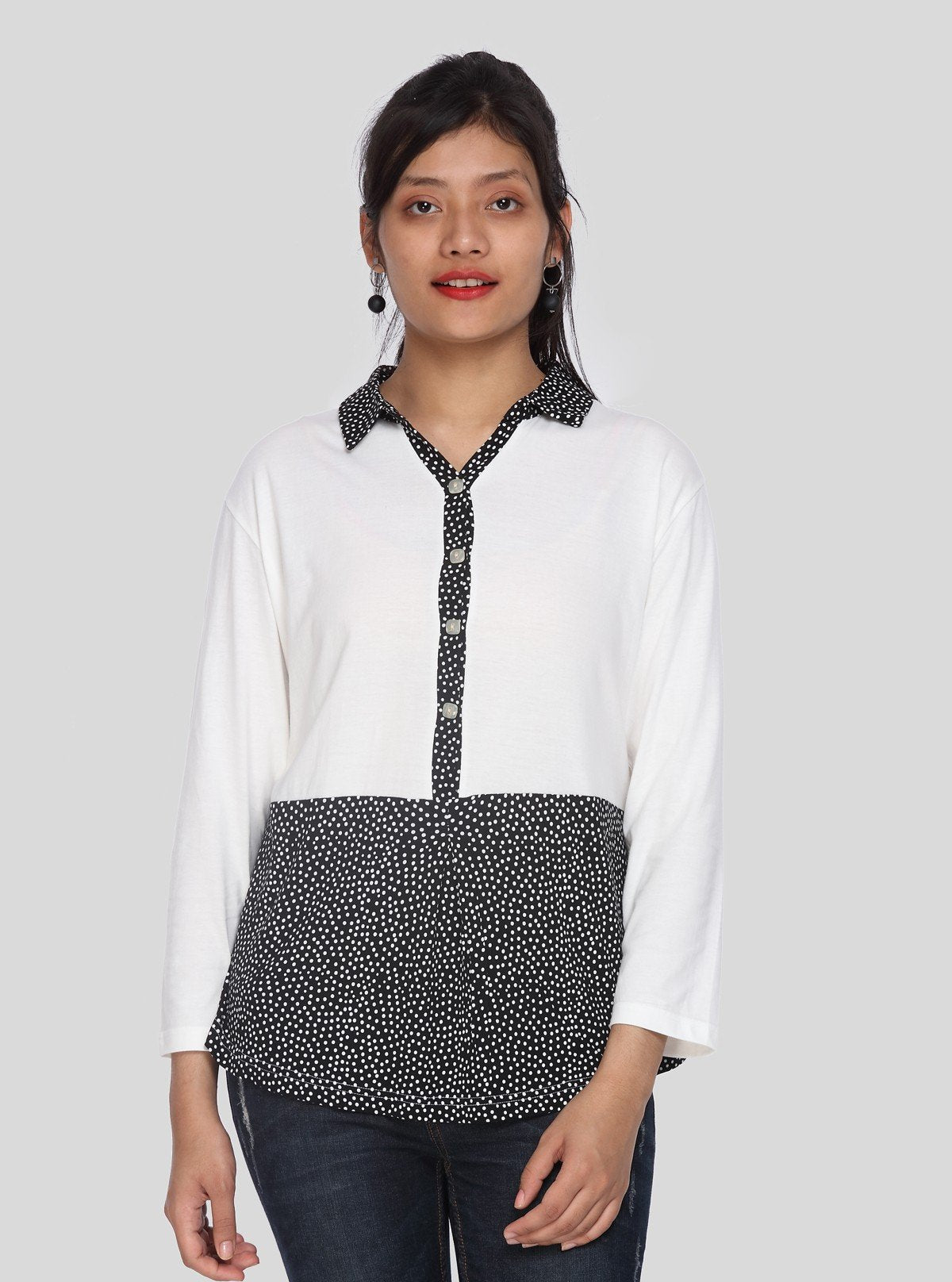 Women's Black Polka Dot Collared Neck Top with Long Sleeves – Cotton Jersey | Boer & Fitch - Boer and Fitch