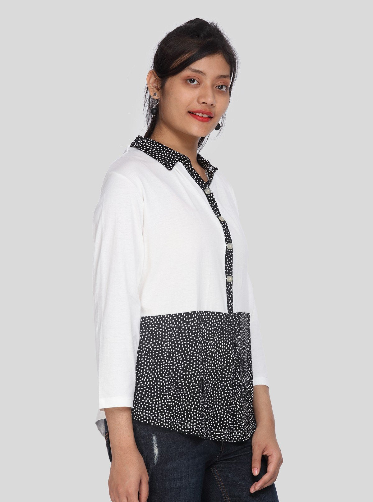 Women's Black Polka Dot Collared Neck Top with Long Sleeves – Cotton Jersey | Boer & Fitch - Boer and Fitch