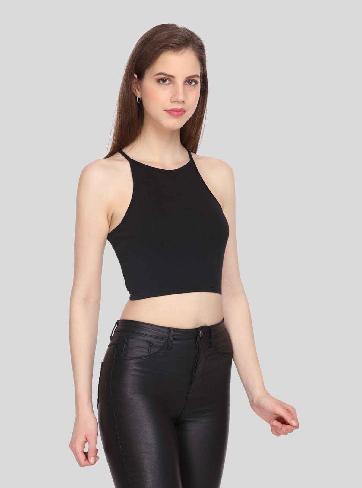 Women's Black Racer Neck Cotton Jersey Crop Top - Boer and Fitch
