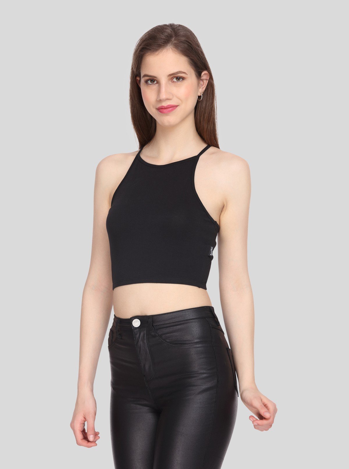 Women's Black Racer Neck Cotton Jersey Crop Top - Boer and Fitch