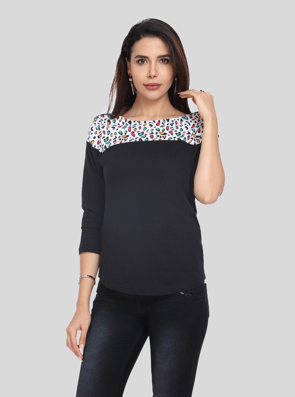 Women's Black Scoop Neck Graphic Panel Top – Cotton Jersey Knit Long Sleeve - Boer and Fitch