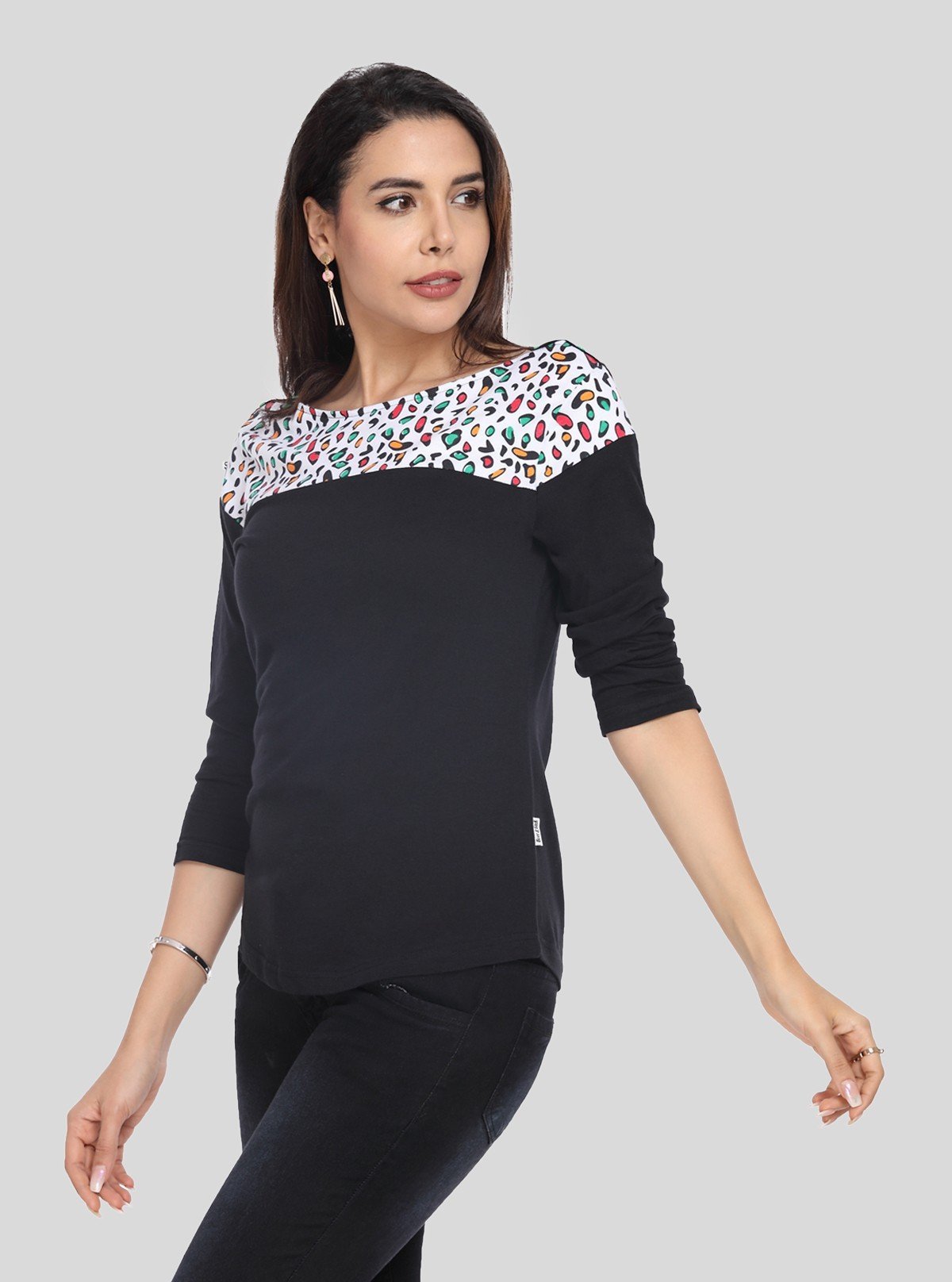 Women's Black Scoop Neck Graphic Panel Top – Cotton Jersey Knit Long Sleeve - Boer and Fitch