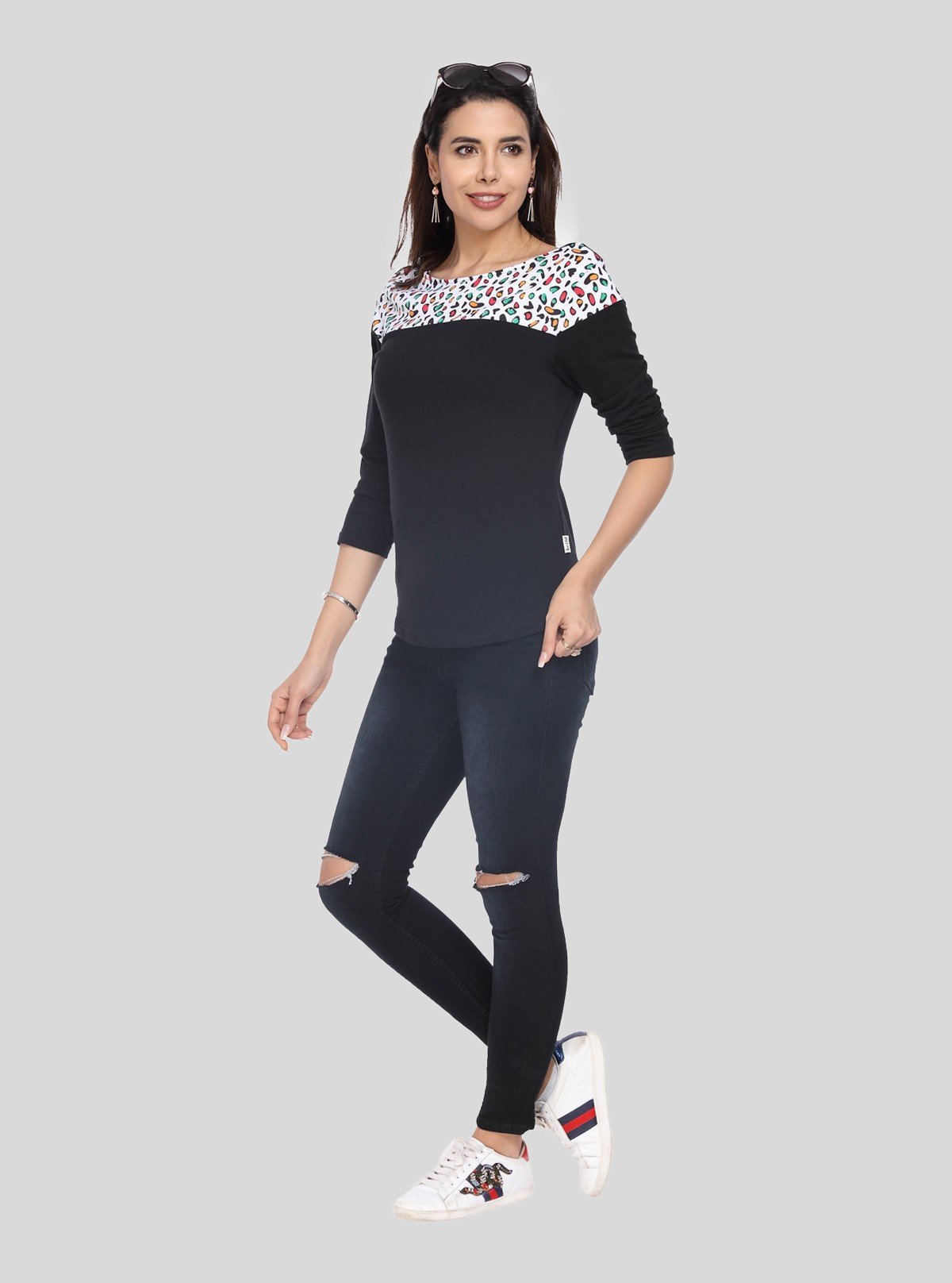 Women's Black Scoop Neck Graphic Panel Top – Cotton Jersey Knit Long Sleeve - Boer and Fitch