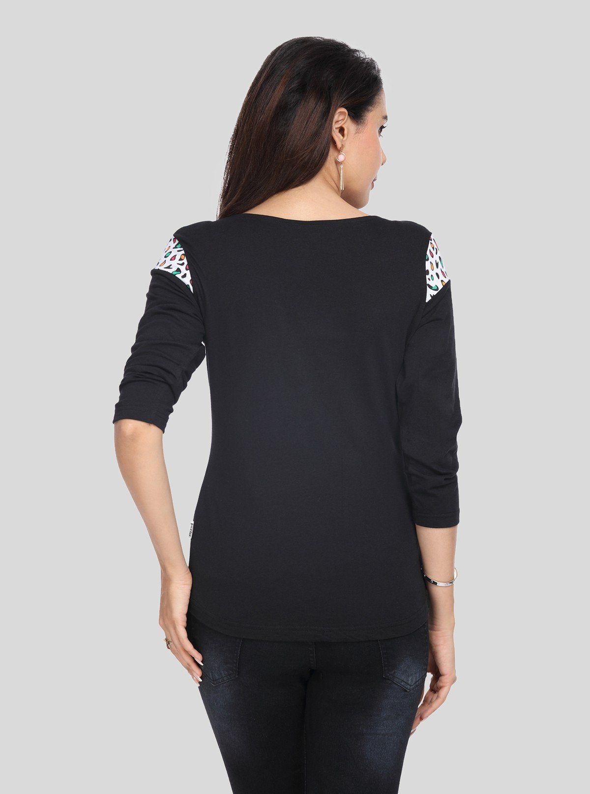 Women's Black Scoop Neck Graphic Panel Top – Cotton Jersey Knit Long Sleeve - Boer and Fitch