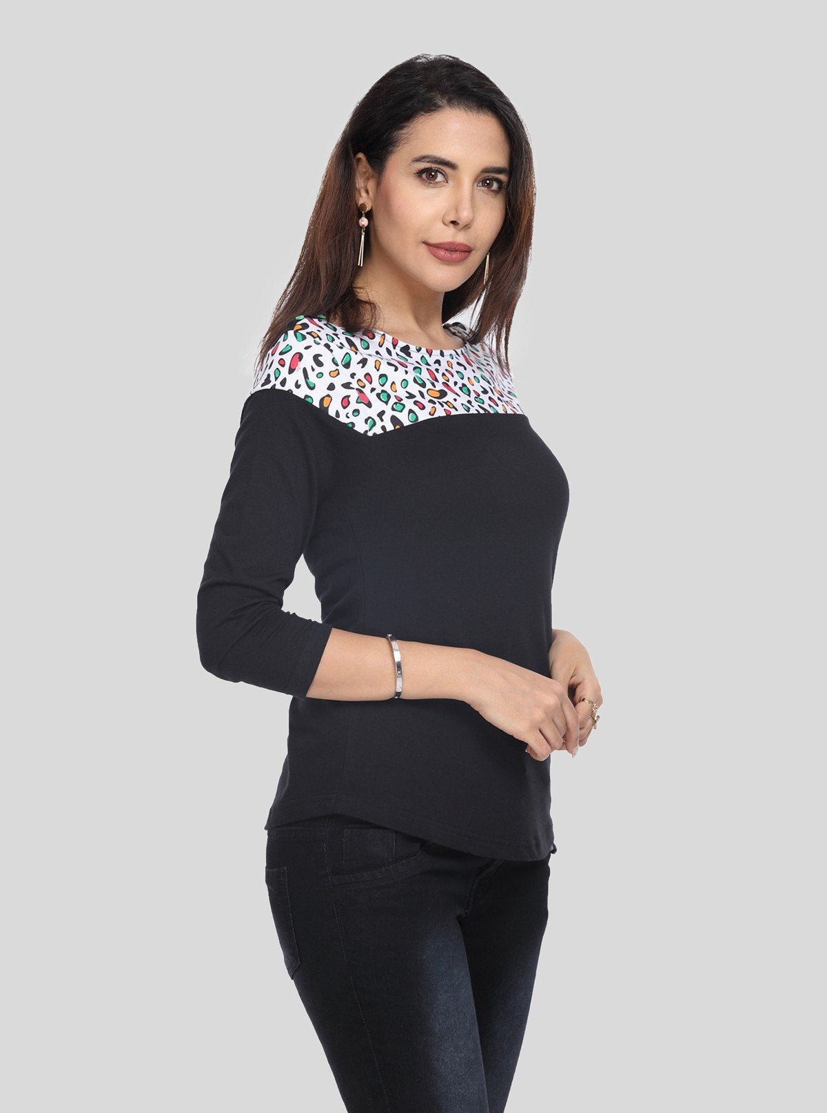 Women's Black Scoop Neck Graphic Panel Top – Cotton Jersey Knit Long Sleeve - Boer and Fitch