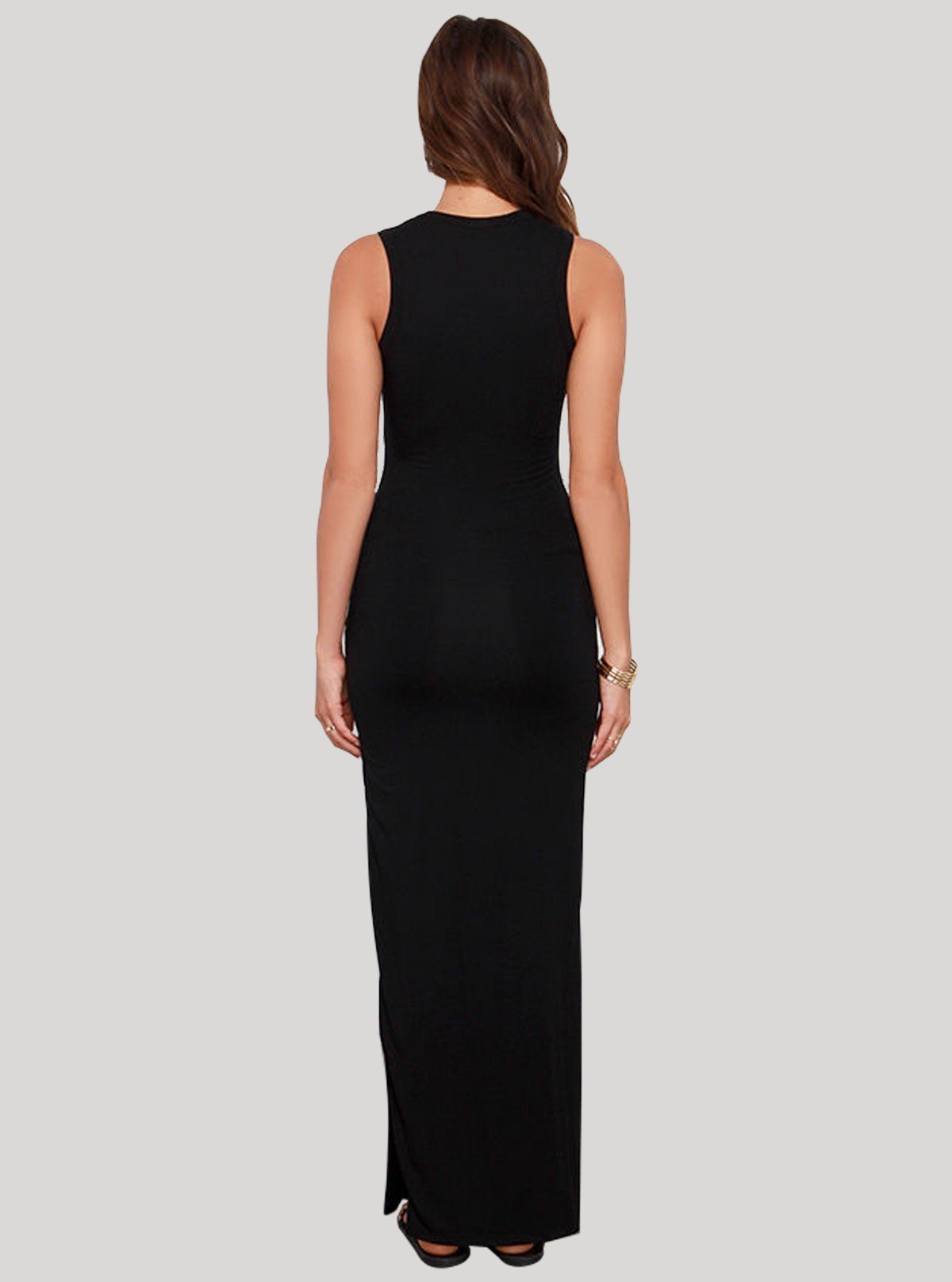 Women's Black Sleeveless Long Dress in Cotton Elastane Fabric - Boer and Fitch