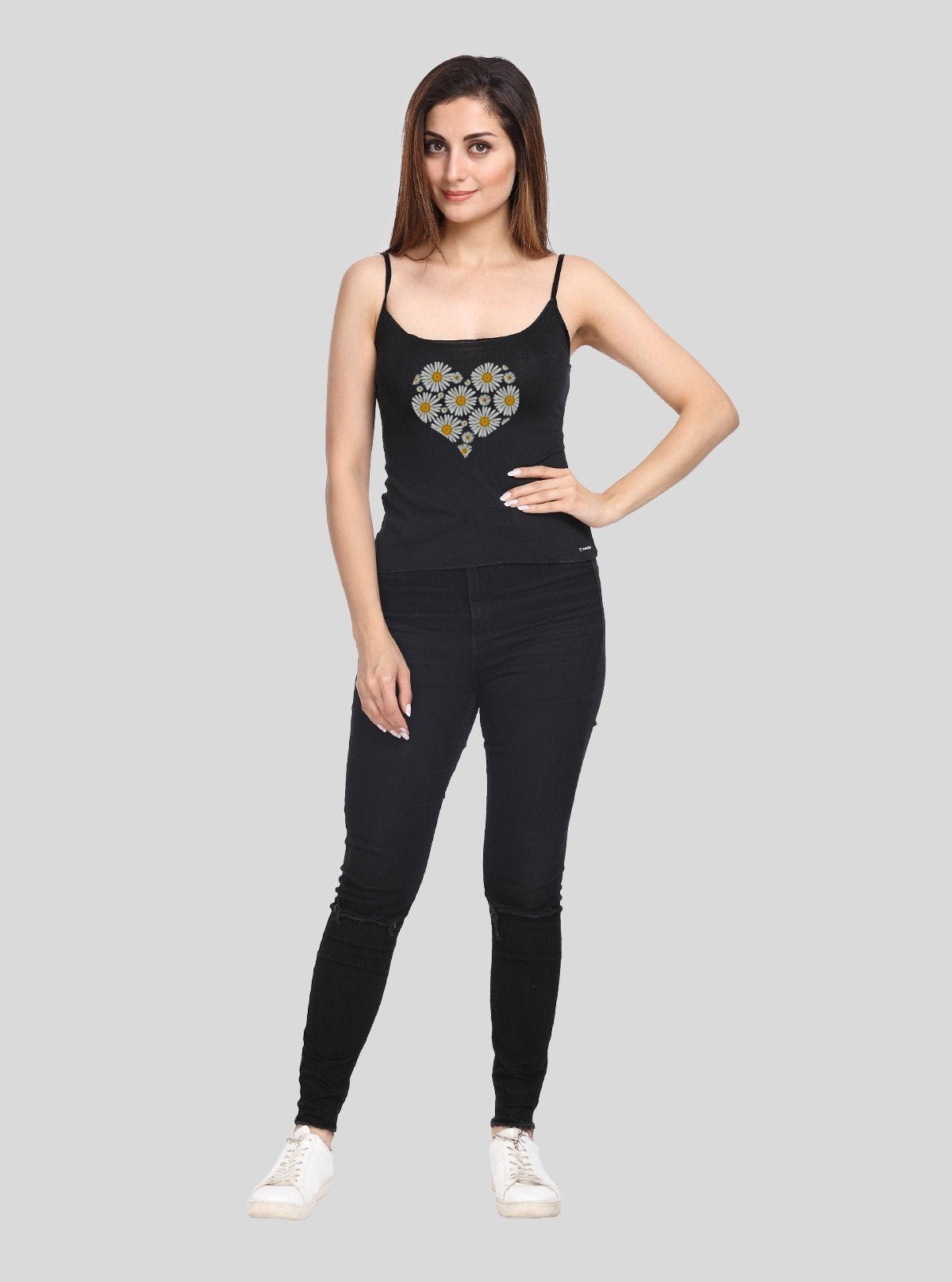 Women’s Black Spaghetti Top with Floral Heart Print | Boer & Fitch - Boer and Fitch