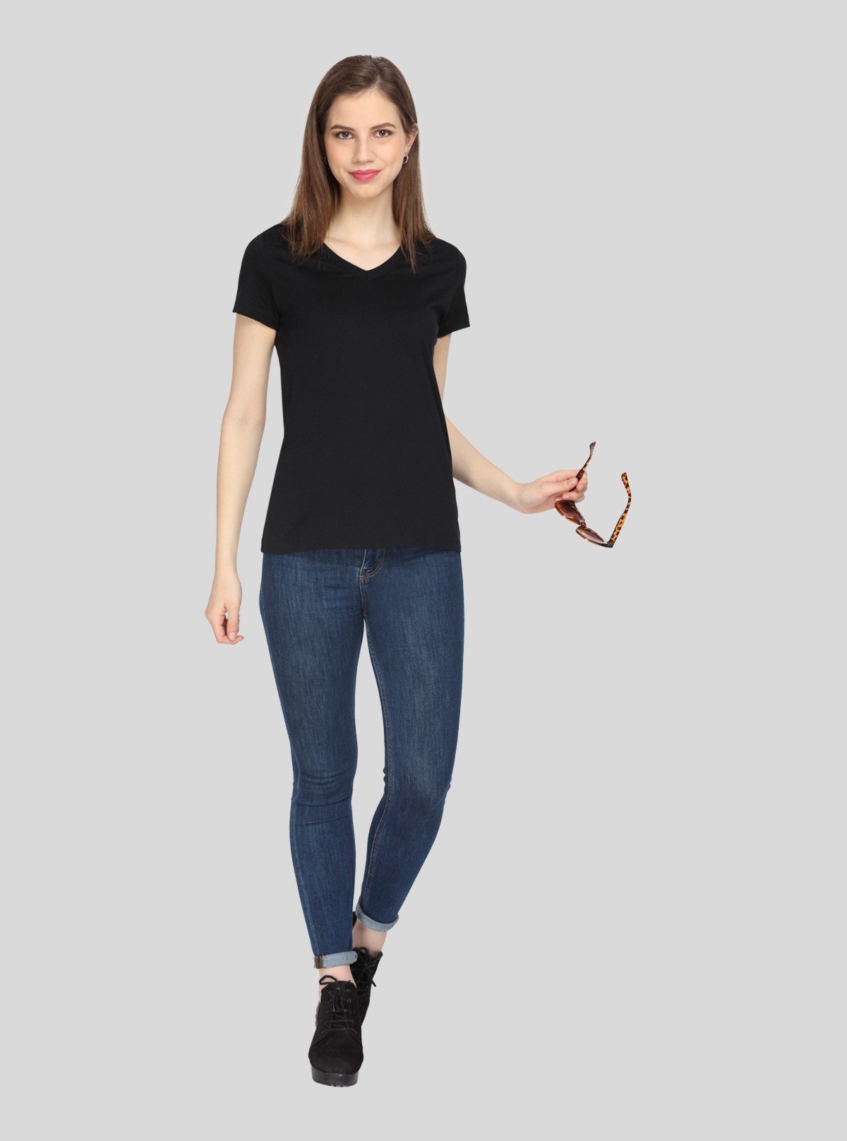 Women’s Black V - Neck Short Sleeve Cotton Jersey T-Shirt by Boer and Fitch - Boer and Fitch