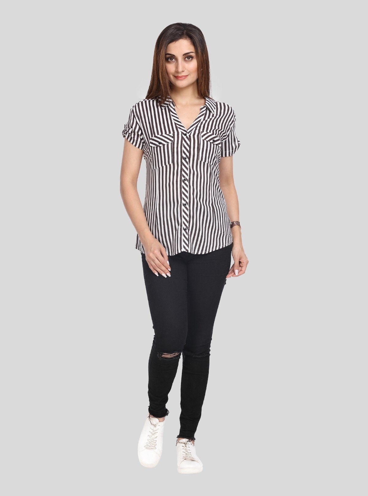 Women’s Black Vertical Stripe Short Sleeve Shirt by Boer and Fitch - Boer and Fitch