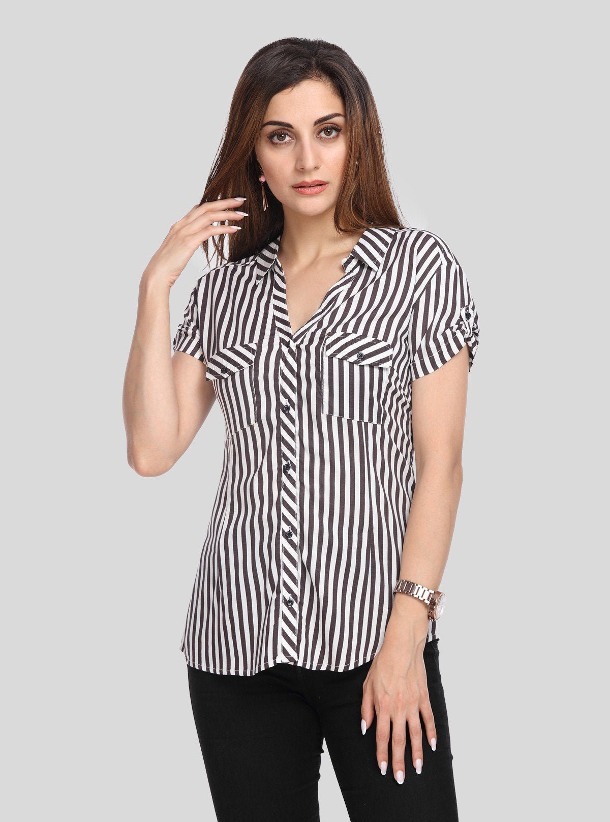 Women’s Black Vertical Stripe Short Sleeve Shirt by Boer and Fitch - Boer and Fitch
