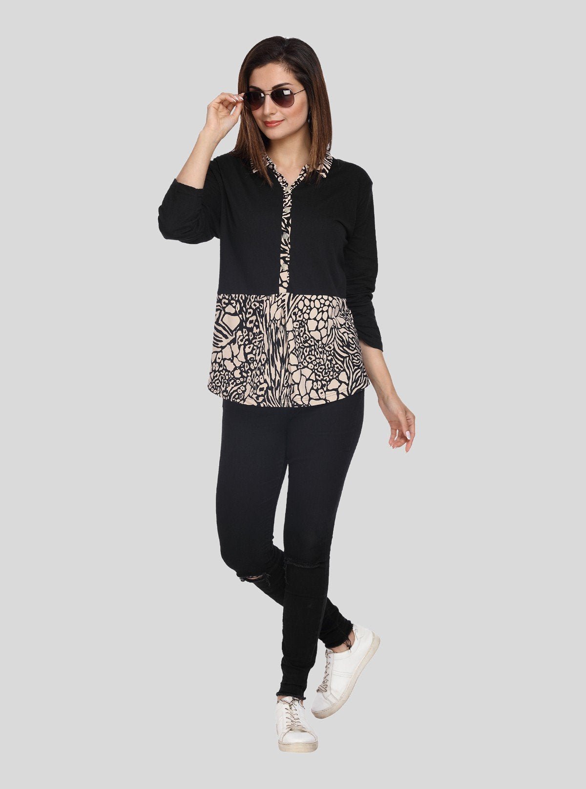 Women's Black with Beige Spread Print Top – Elegant Contrast Style by Boer & Fitch - Boer and Fitch