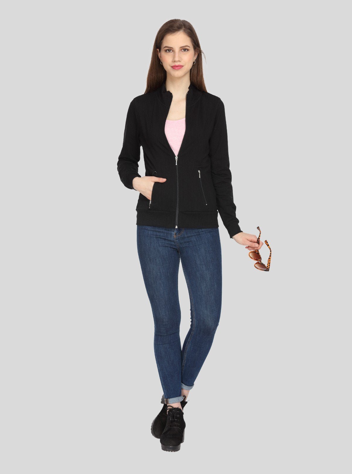 Women’s Black Zipper Sweatshirt in Cotton Fleece with Full Sleeves - Boer and Fitch