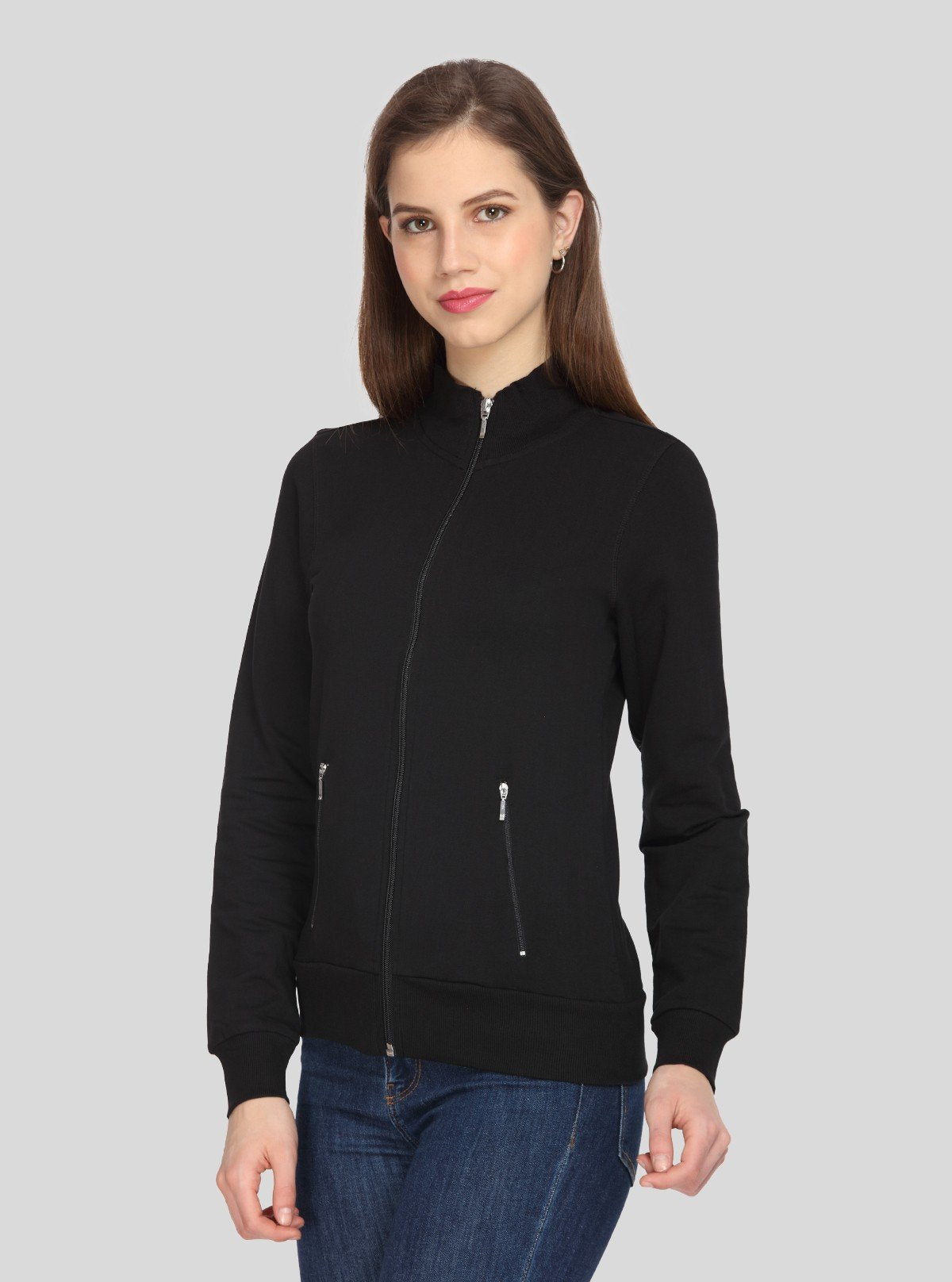 Women’s Black Zipper Sweatshirt in Cotton Fleece with Full Sleeves - Boer and Fitch