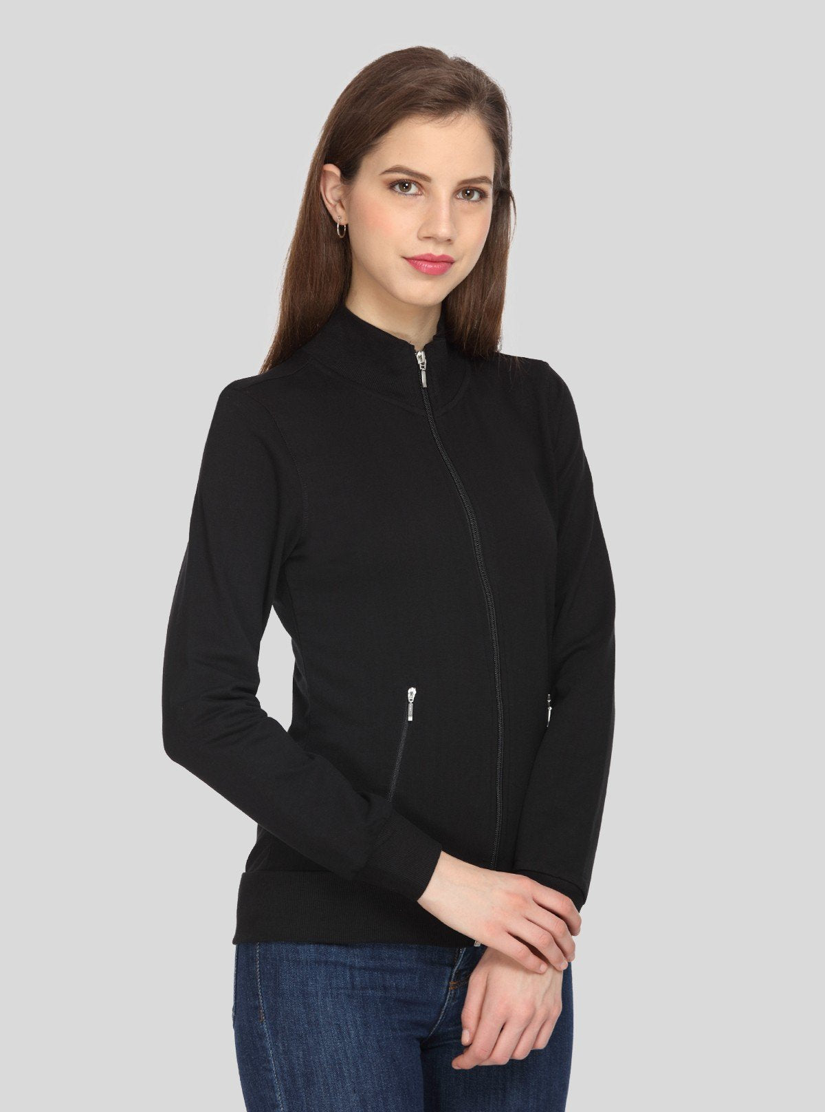 Women’s Black Zipper Sweatshirt in Cotton Fleece with Full Sleeves - Boer and Fitch
