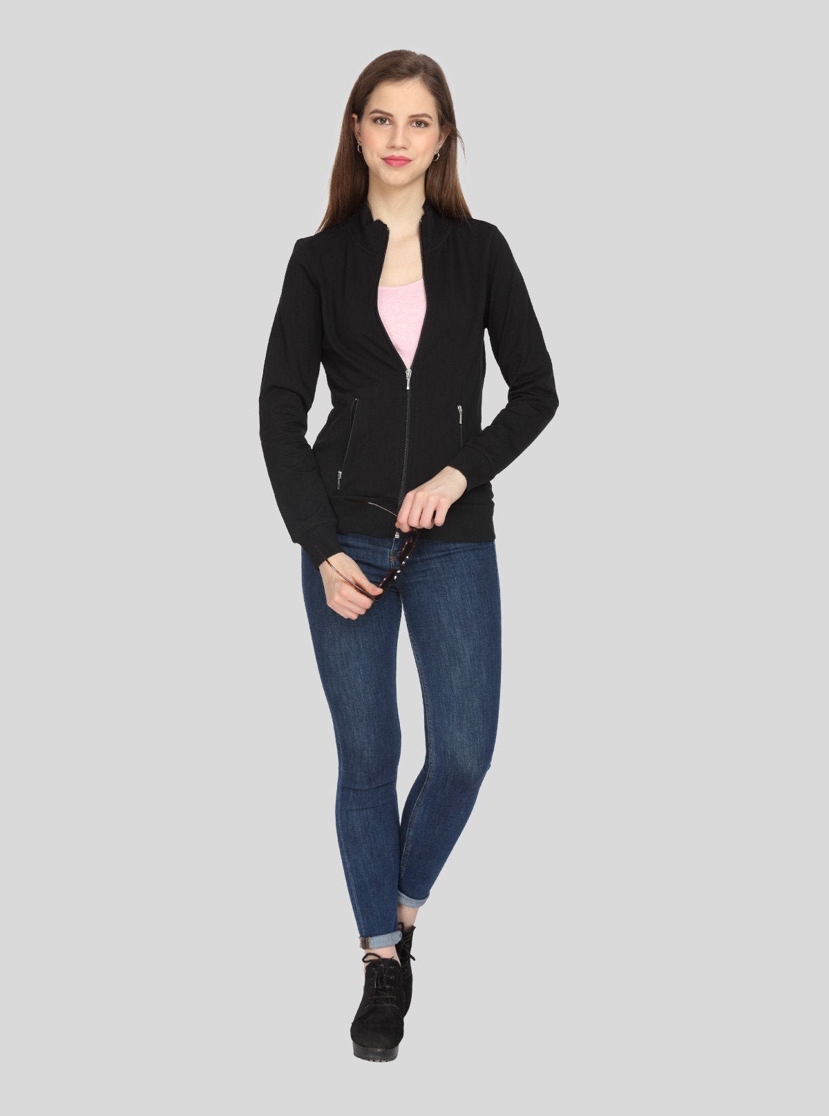 Women’s Black Zipper Sweatshirt in Cotton Fleece with Full Sleeves - Boer and Fitch
