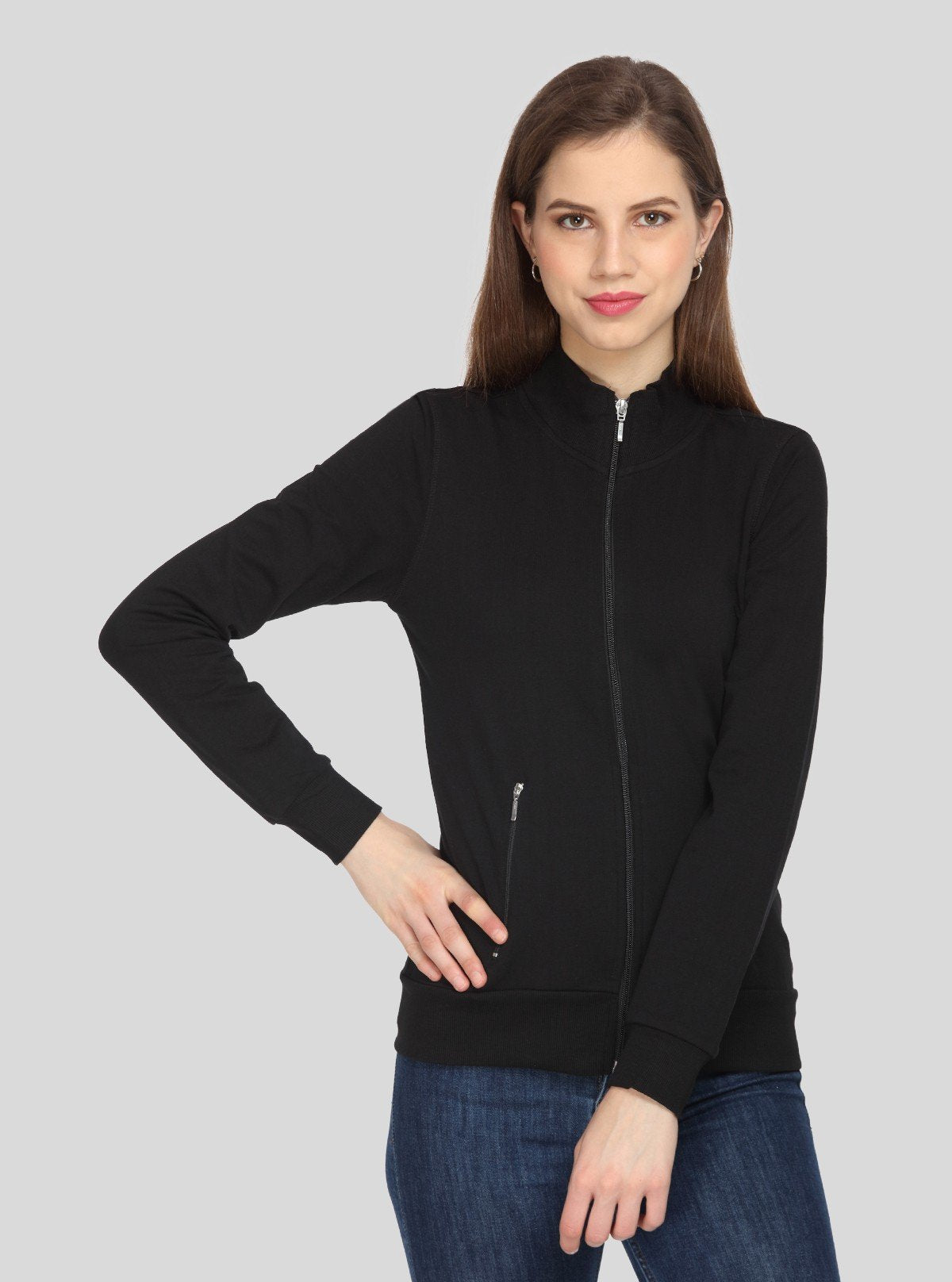 Women’s Black Zipper Sweatshirt in Cotton Fleece with Full Sleeves - Boer and Fitch