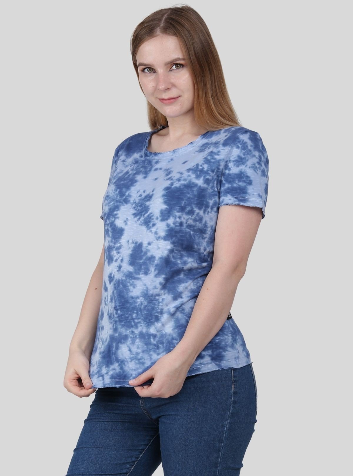 Women's Blue Distressed Tie and Dye Crew Neck Cotton Jersey Short Sleeve T-Shirt by Boer and Fitch - Boer and Fitch