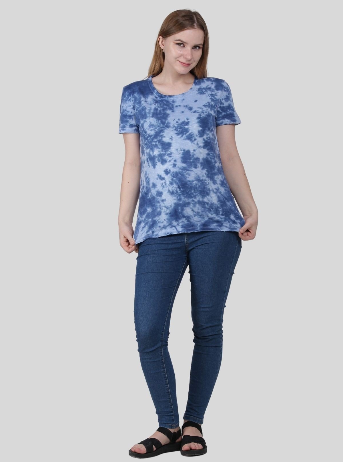 Women's Blue Distressed Tie and Dye Crew Neck Cotton Jersey Short Sleeve T-Shirt by Boer and Fitch - Boer and Fitch