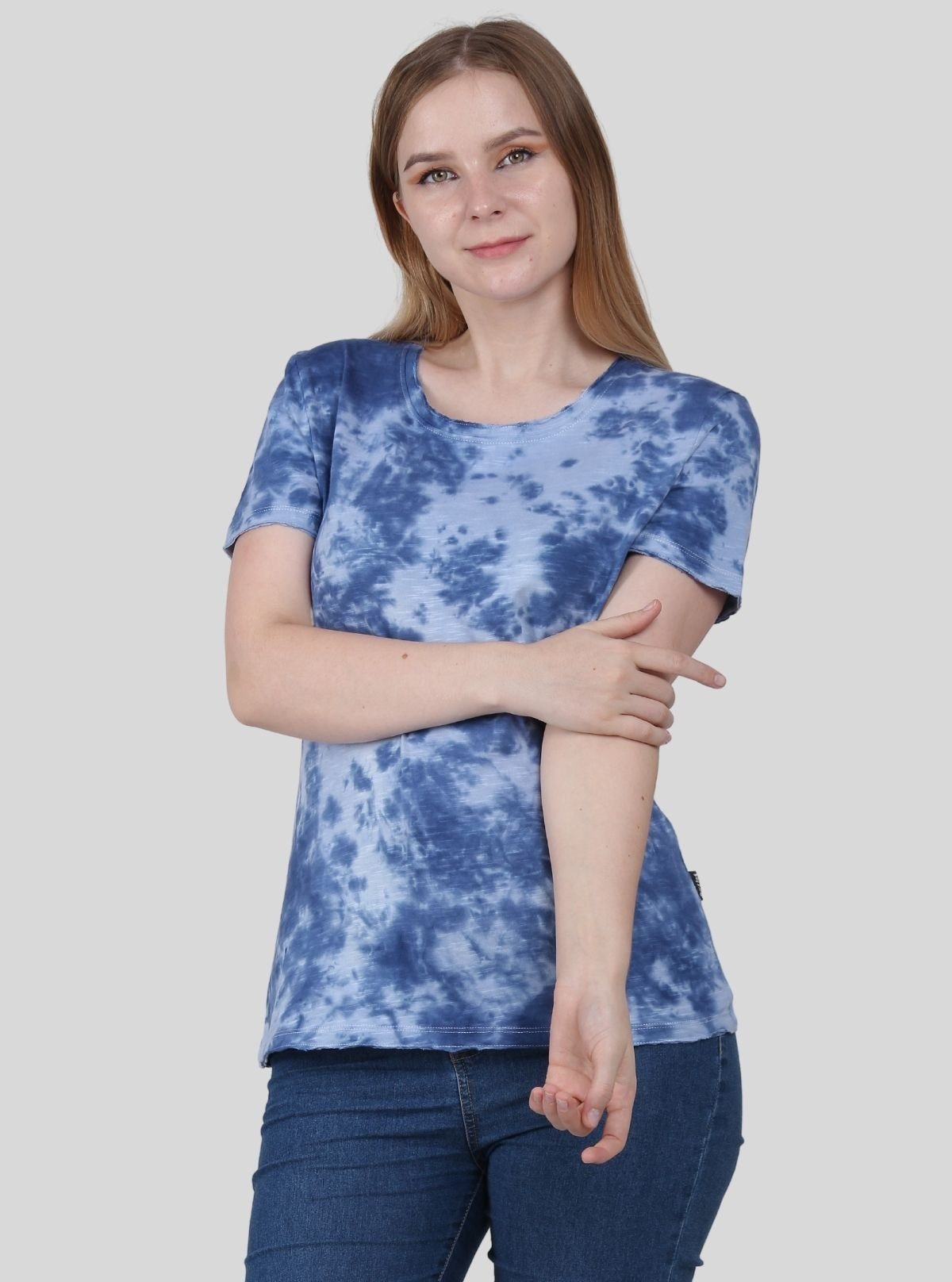 Women's Blue Distressed Tie and Dye Crew Neck Cotton Jersey Short Sleeve T-Shirt by Boer and Fitch - Boer and Fitch