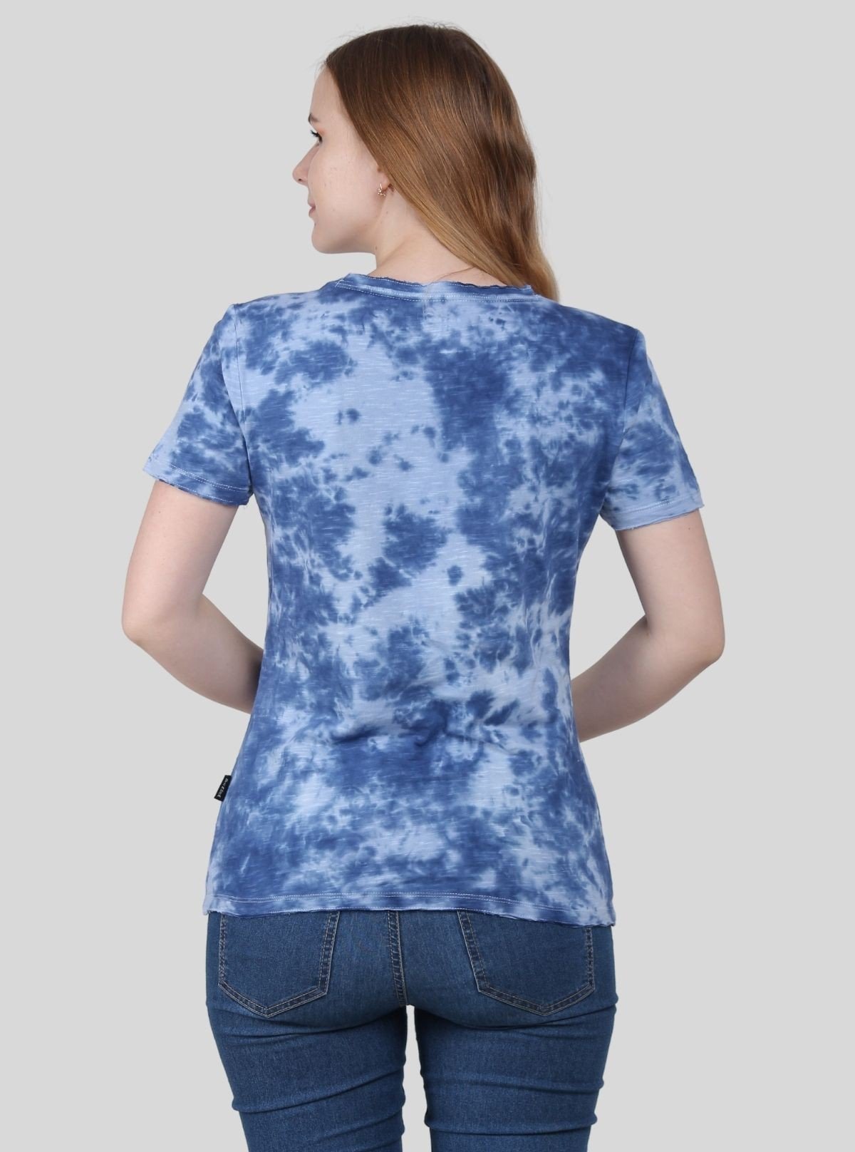 Women's Blue Distressed Tie and Dye Crew Neck Cotton Jersey Short Sleeve T-Shirt by Boer and Fitch - Boer and Fitch