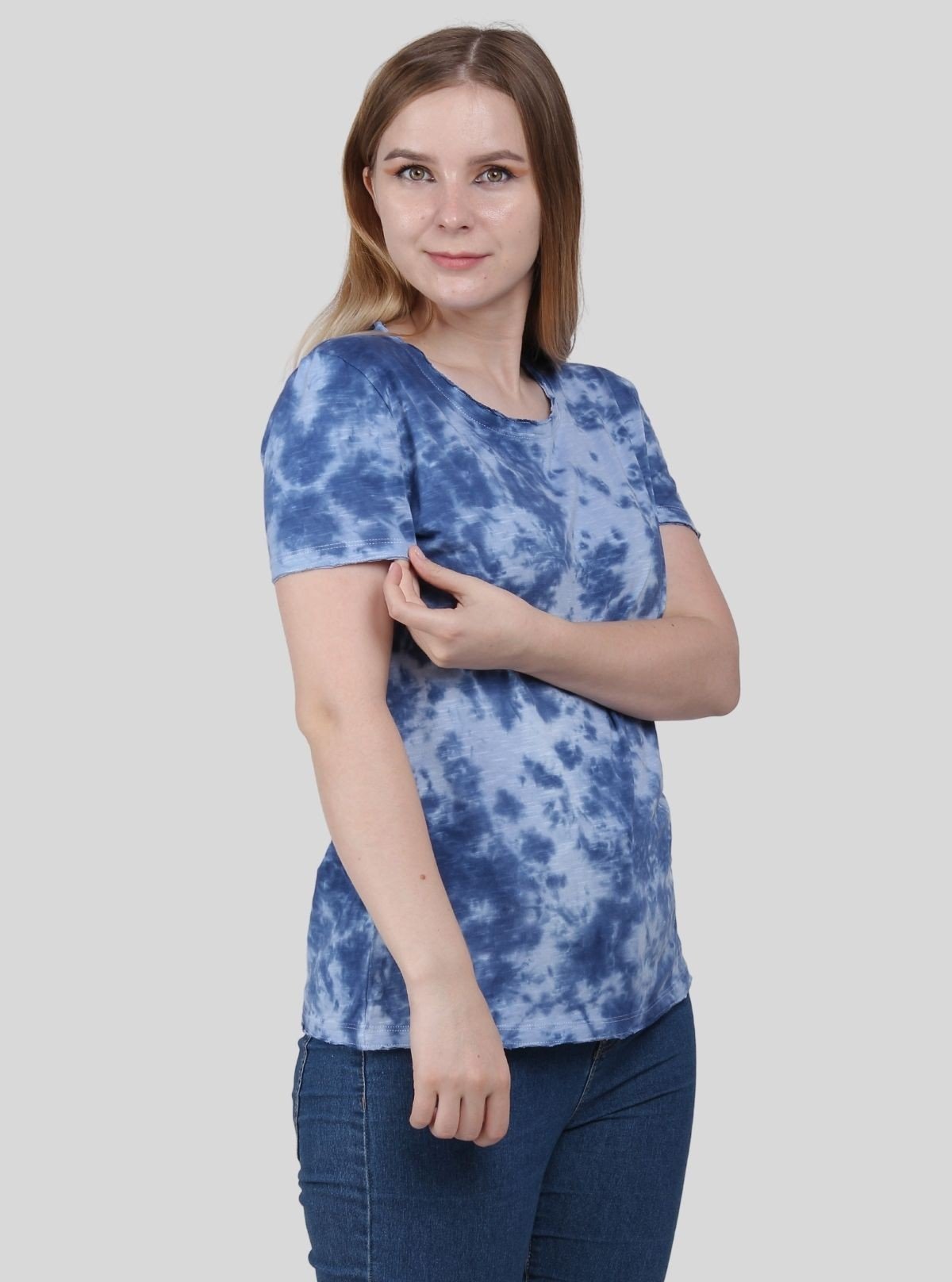 Women's Blue Distressed Tie and Dye Crew Neck Cotton Jersey Short Sleeve T-Shirt by Boer and Fitch - Boer and Fitch