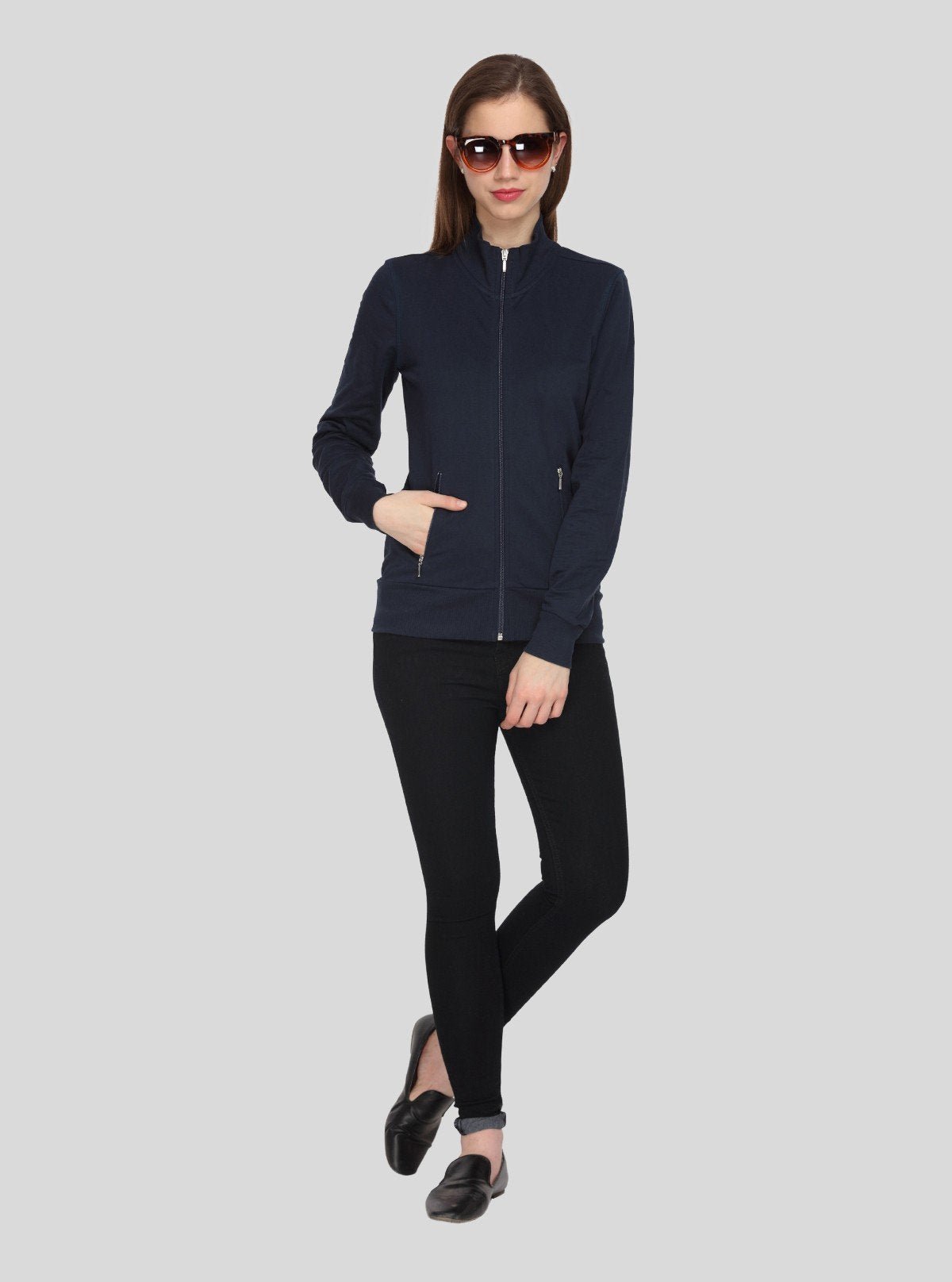 Women’s Blue Full Sleeve Cotton Fleece Zipper Sweatshirt by Boer & Fitch - Boer and Fitch