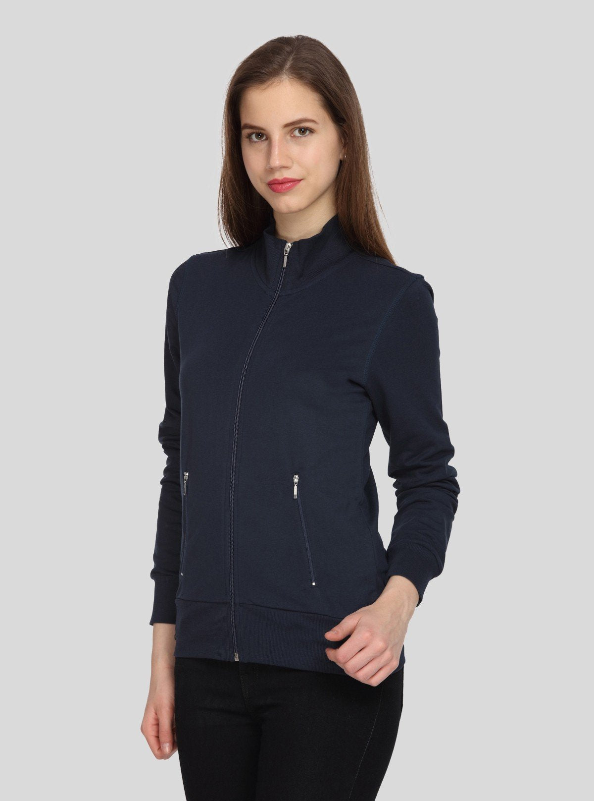 Women’s Blue Full Sleeve Cotton Fleece Zipper Sweatshirt by Boer & Fitch - Boer and Fitch