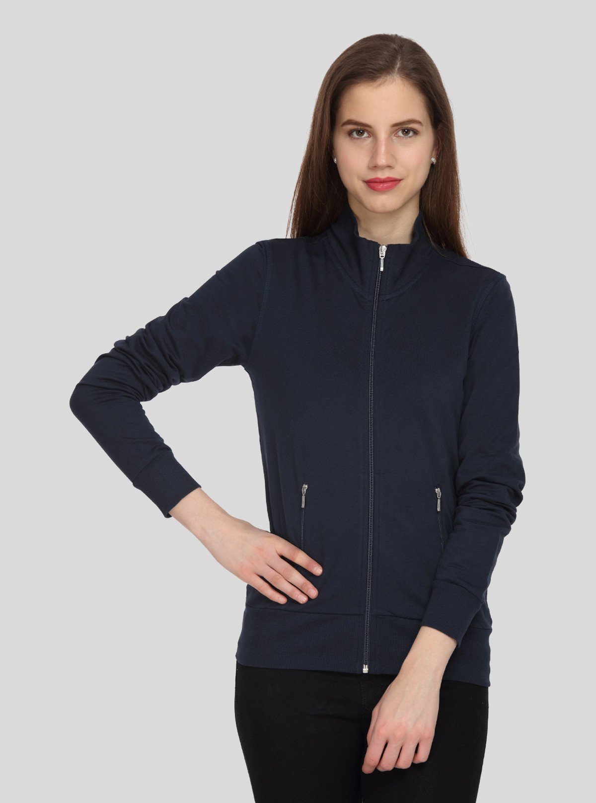 Women’s Blue Full Sleeve Cotton Fleece Zipper Sweatshirt by Boer & Fitch - Boer and Fitch