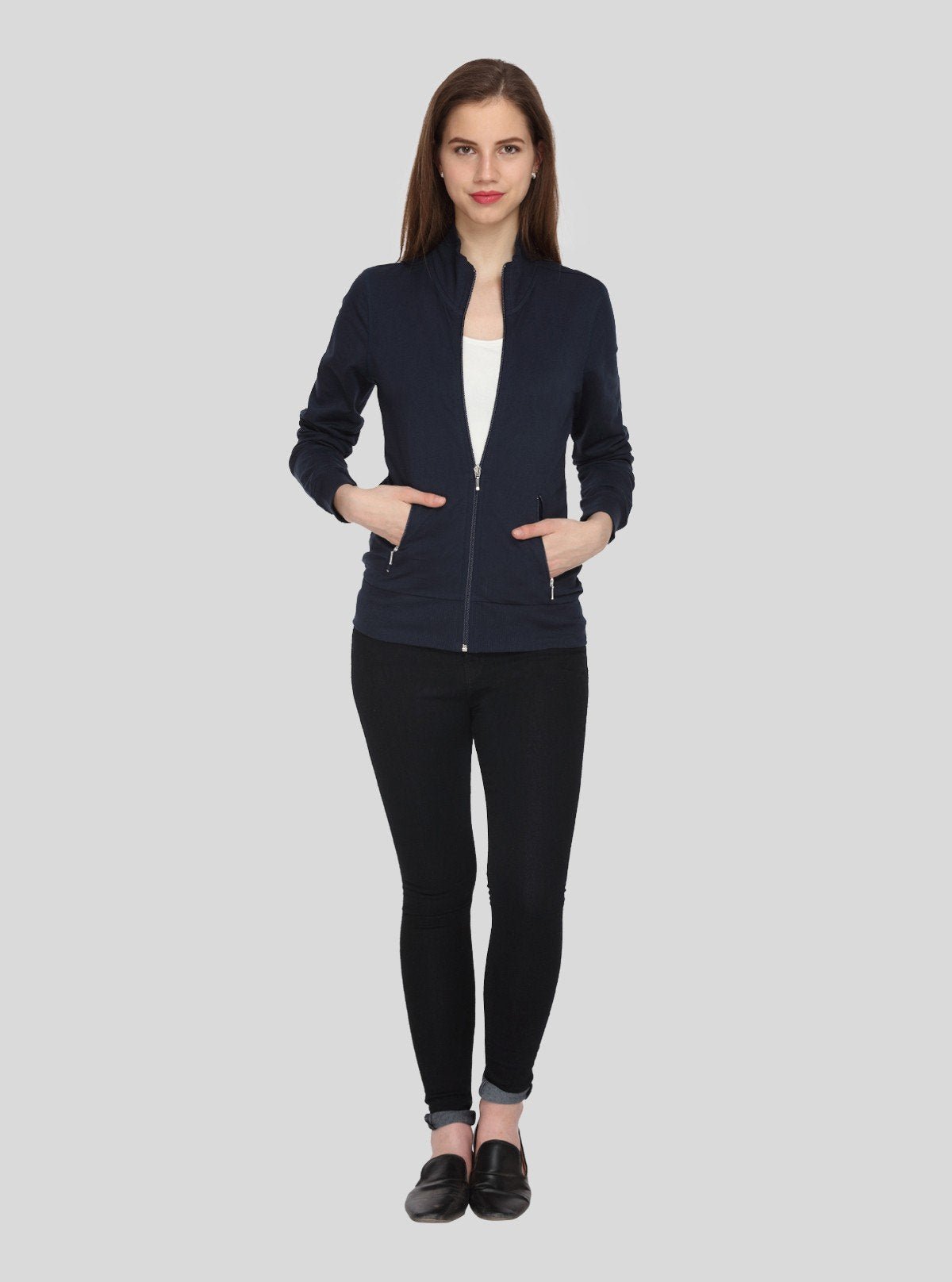 Women’s Blue Full Sleeve Cotton Fleece Zipper Sweatshirt by Boer & Fitch - Boer and Fitch