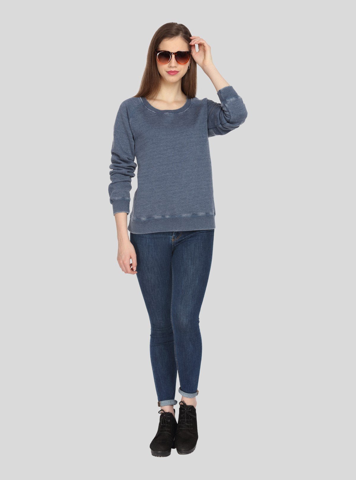Women’s Blue Garment Dyed Round Neck Cotton Fleece Pullover - Boer and Fitch