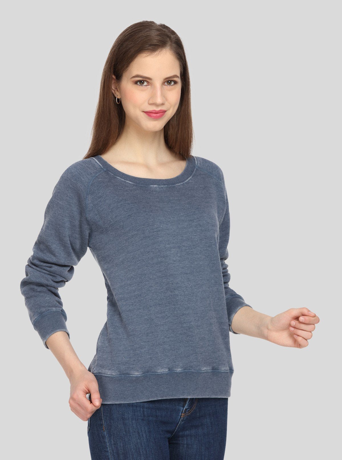 Women’s Blue Garment Dyed Round Neck Cotton Fleece Pullover - Boer and Fitch