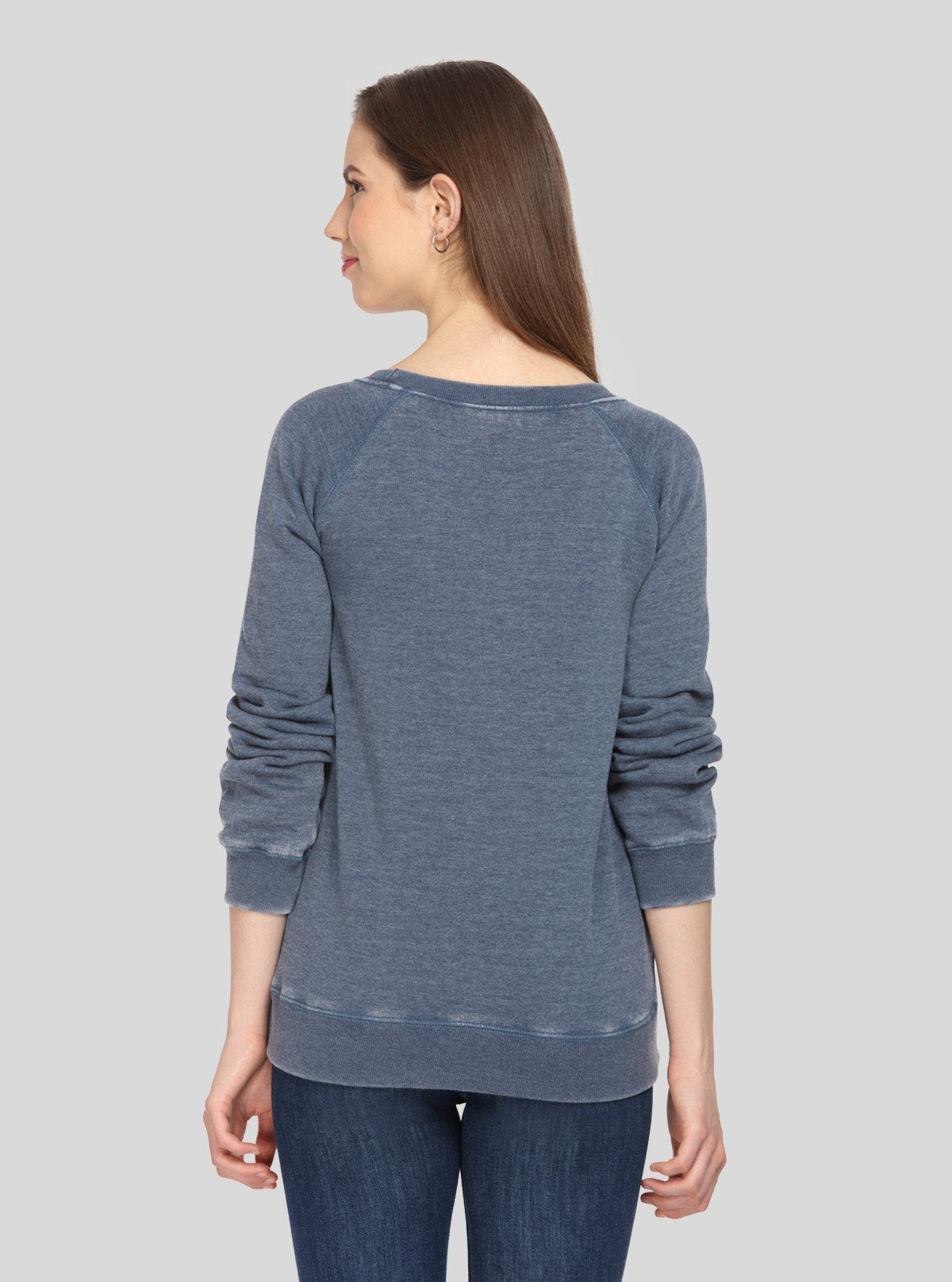 Women’s Blue Garment Dyed Round Neck Cotton Fleece Pullover - Boer and Fitch