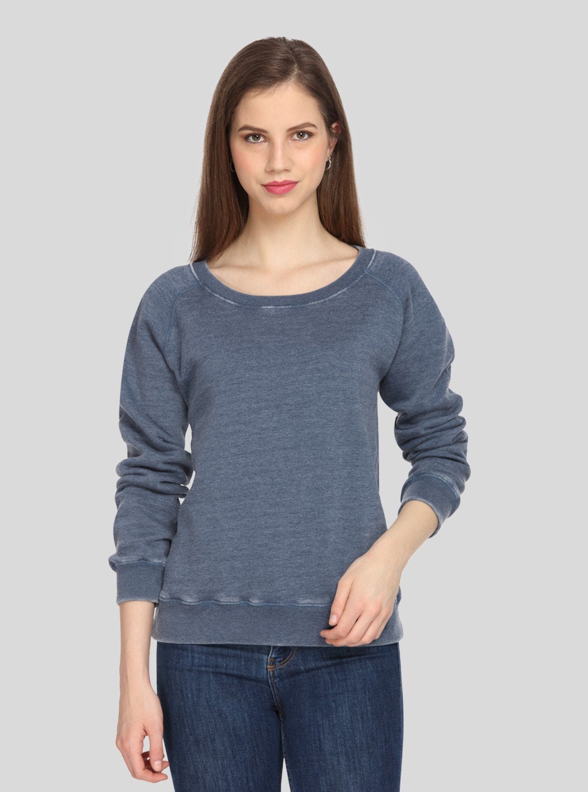 Women’s Blue Garment Dyed Round Neck Cotton Fleece Pullover - Boer and Fitch