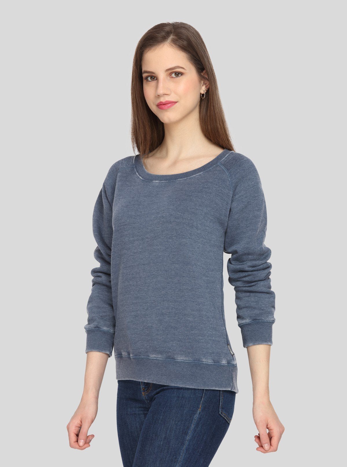 Women’s Blue Garment Dyed Round Neck Cotton Fleece Pullover - Boer and Fitch