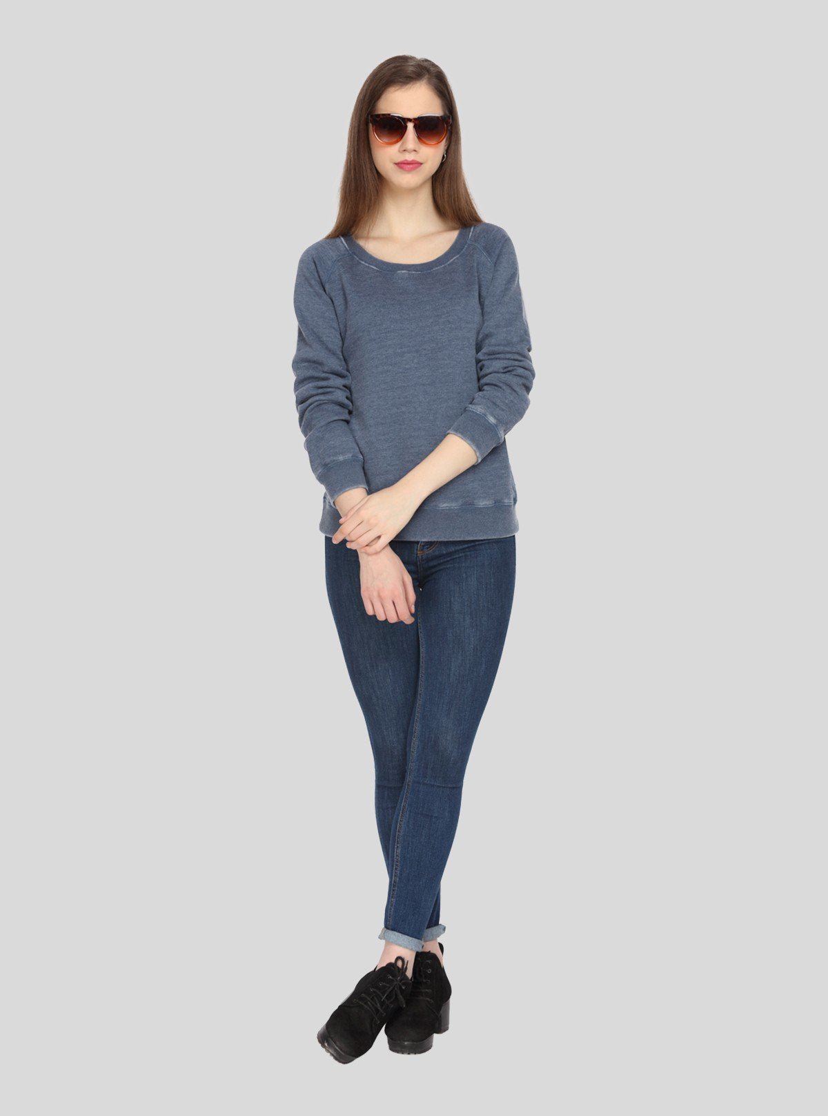 Women’s Blue Garment Dyed Round Neck Cotton Fleece Pullover - Boer and Fitch