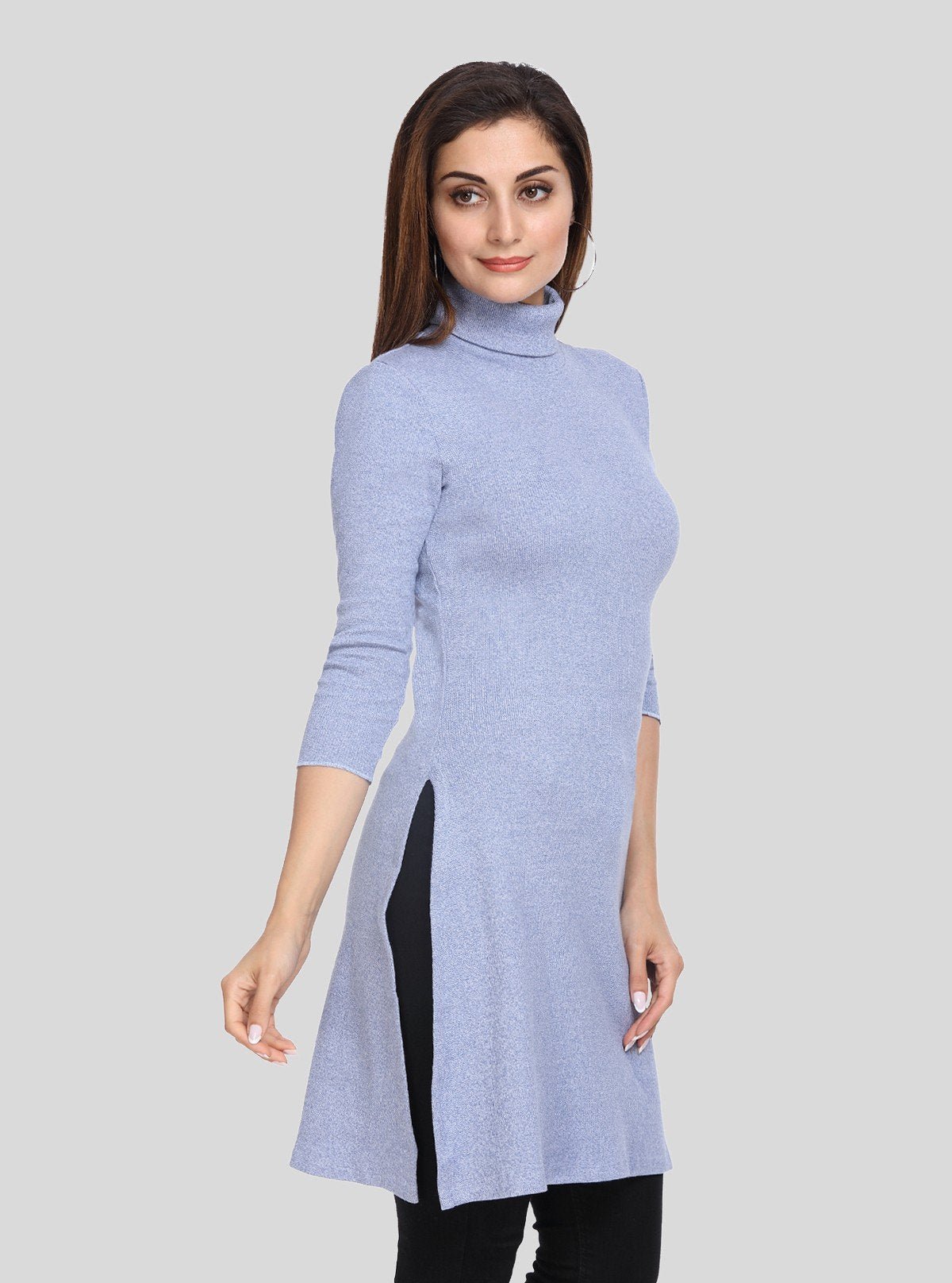 Women's Blue Melange High Neck Long Sleeve Ribbed Cotton Dress - Boer and Fitch