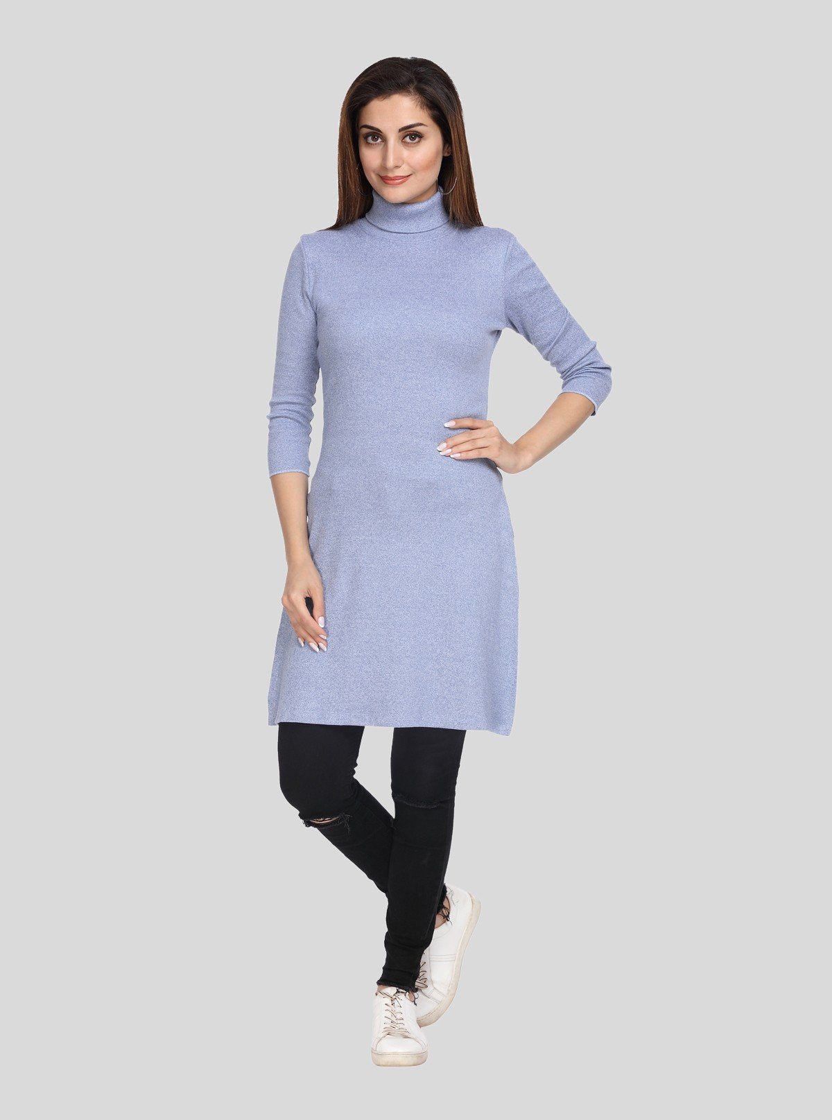 Women's Blue Melange High Neck Long Sleeve Ribbed Cotton Dress - Boer and Fitch