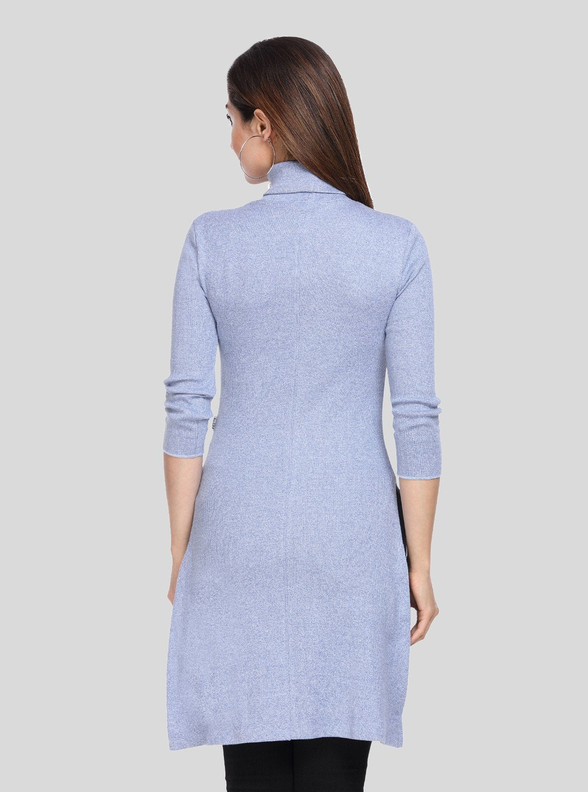 Women's Blue Melange High Neck Long Sleeve Ribbed Cotton Dress - Boer and Fitch